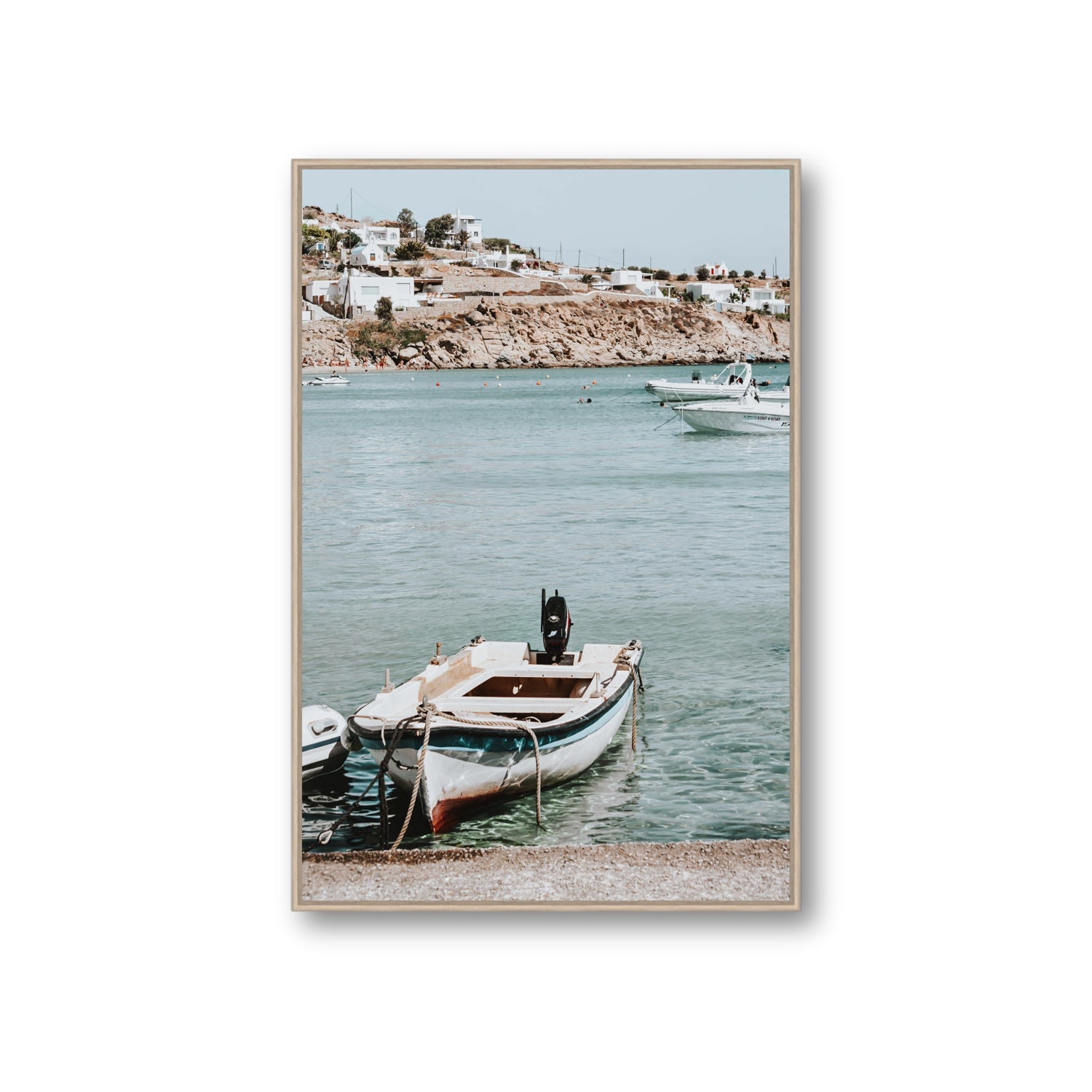 Classic Wheels Mykonos Greek island wall art Giant fine art canvas in natural oak float frame