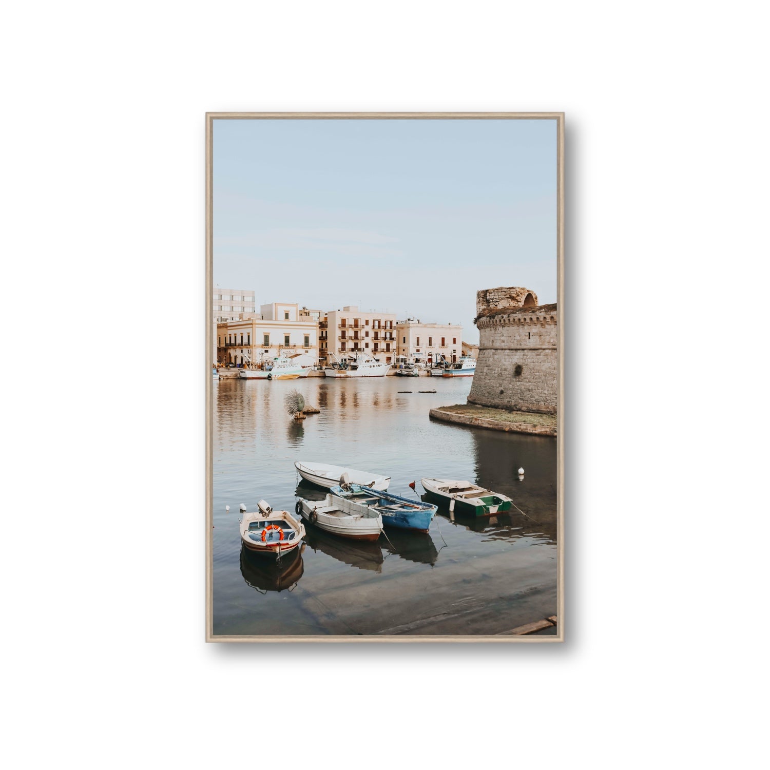 Gallipoli Harbour Puglia coastal wall art Giant fine art canvas in natural oak float frame