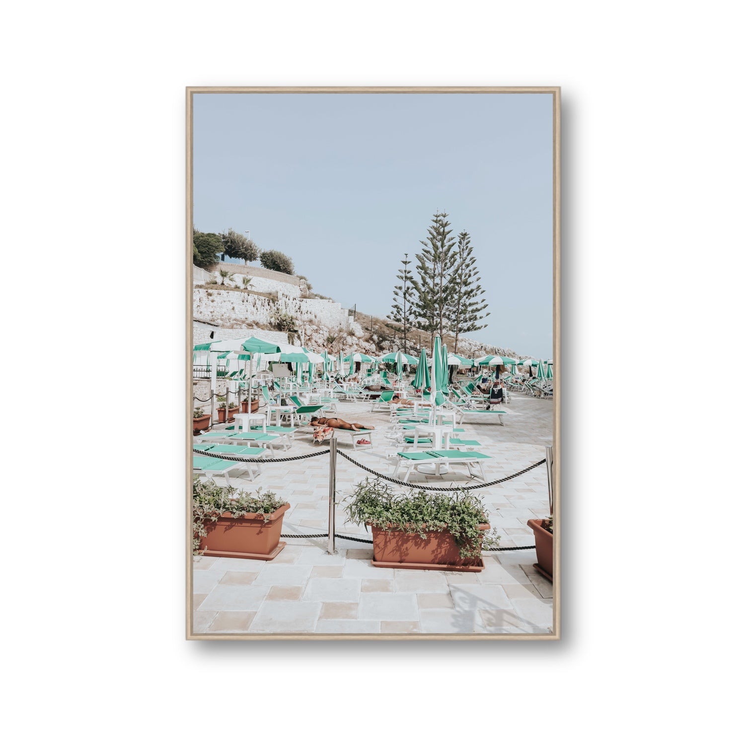 Siesta on The Terrace Puglia coastal wall art Gallery fine art canvas in natural oak float frame