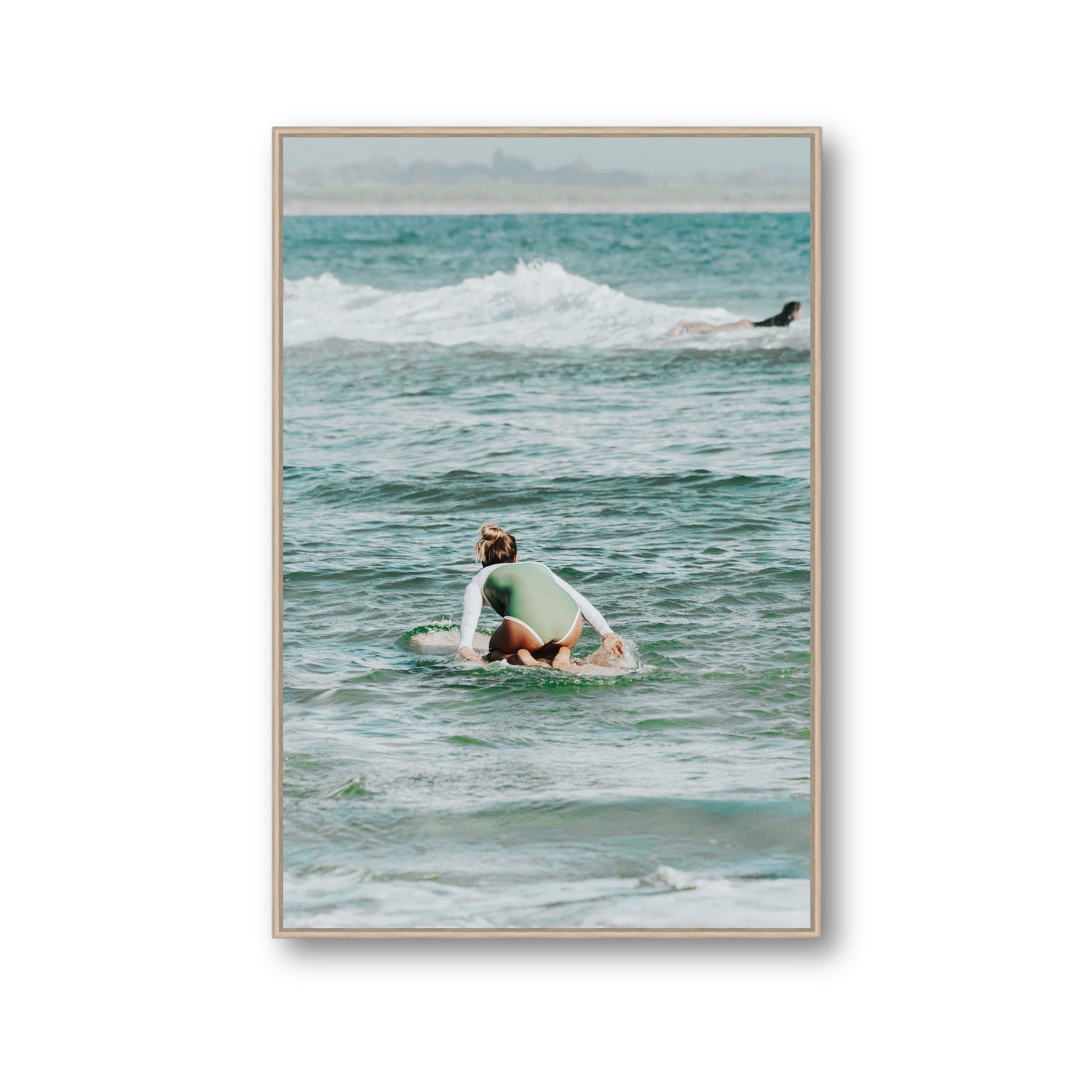 Quincy Byron Bay Surf coastal wall art Gallery fine art canvas in natural oak float frame