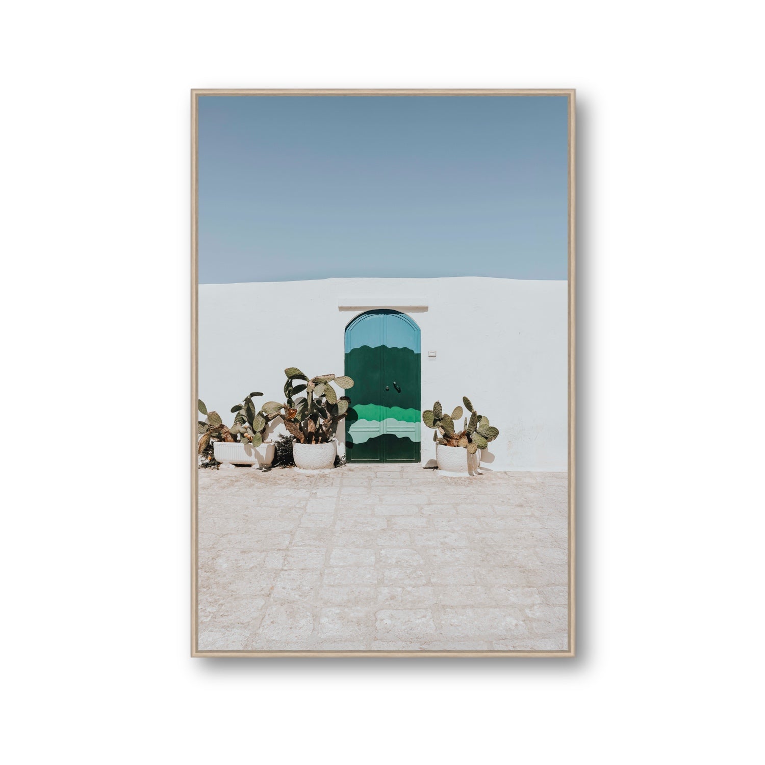 Imaginary Exit Puglia Mediterranean wall art Gallery fine art canvas in natural oak float frame