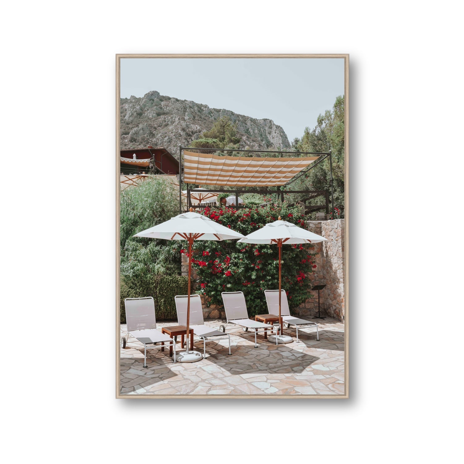 Shades of Leisure Tuscany coastal Italian wall art Gallery fine art canvas in natural oak float frame