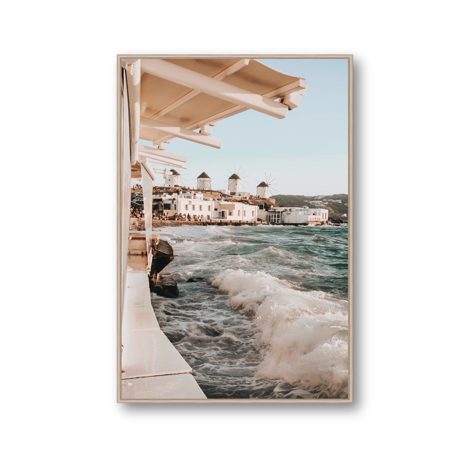 Windmills Mykonos Greek island wall art Gallery fine art canvas in natural oak float frame