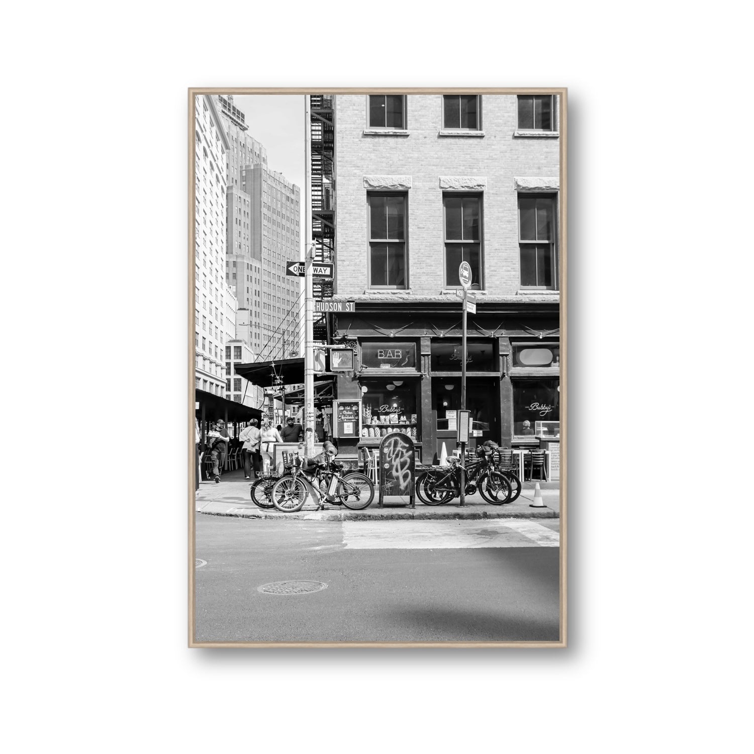 Bites Of The Big Apple New York NYC Black & White wall art Gallery fine art canvas in natural oak float frame