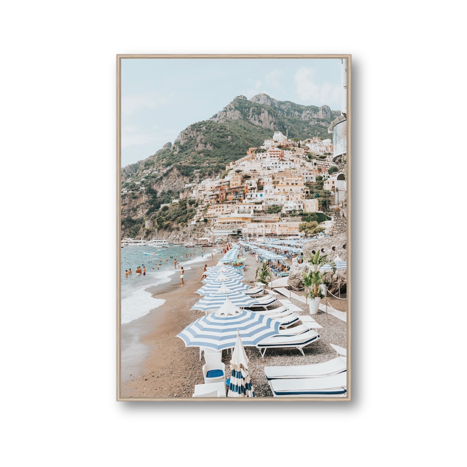 The Cliffside Village fine art print, Positano, Italy, Gallery, Natural Oak Float Frame, Fine Art Canvas