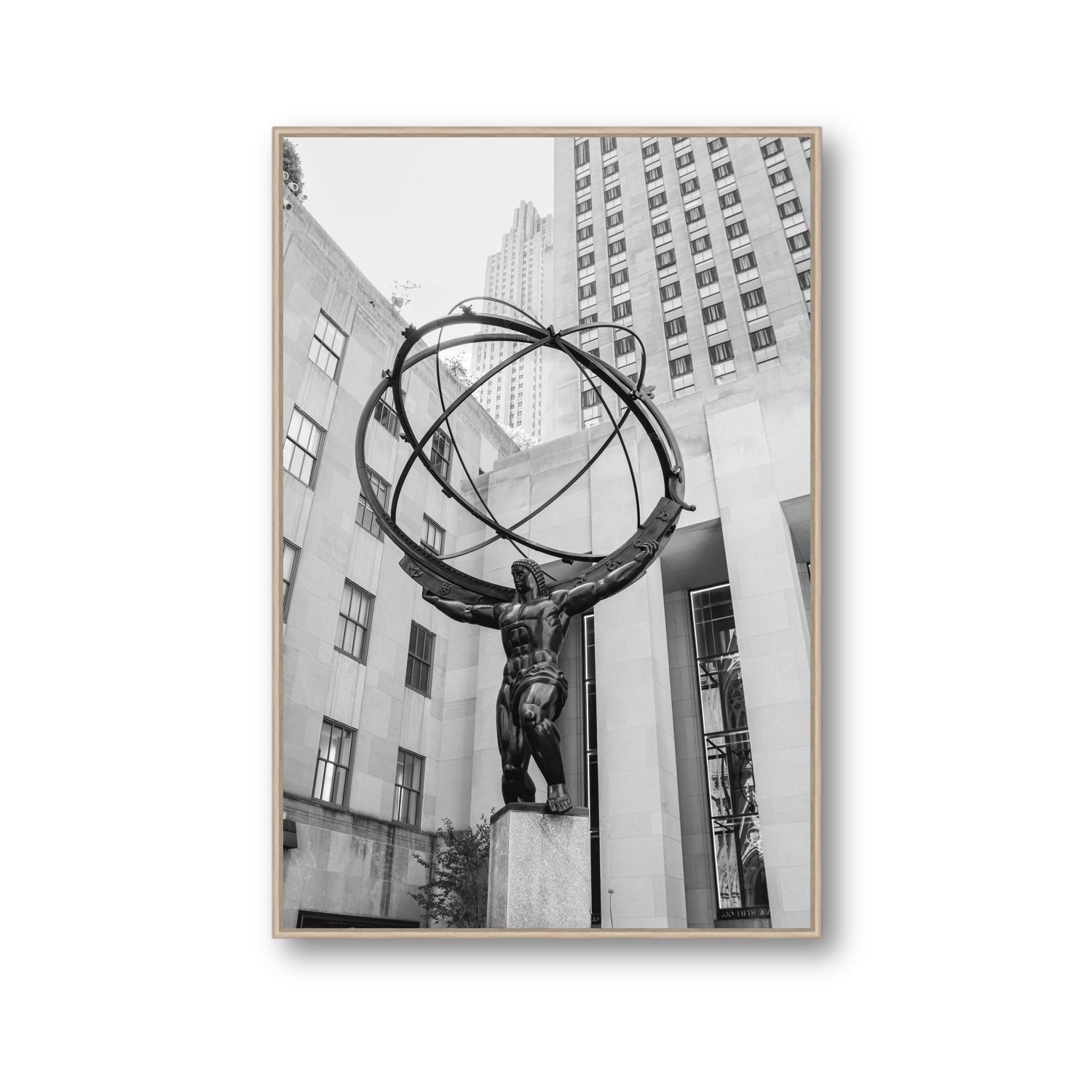 Atlas Ascends New York NYC Black & White wall art Gallery fine art canvas in natural oak float frame