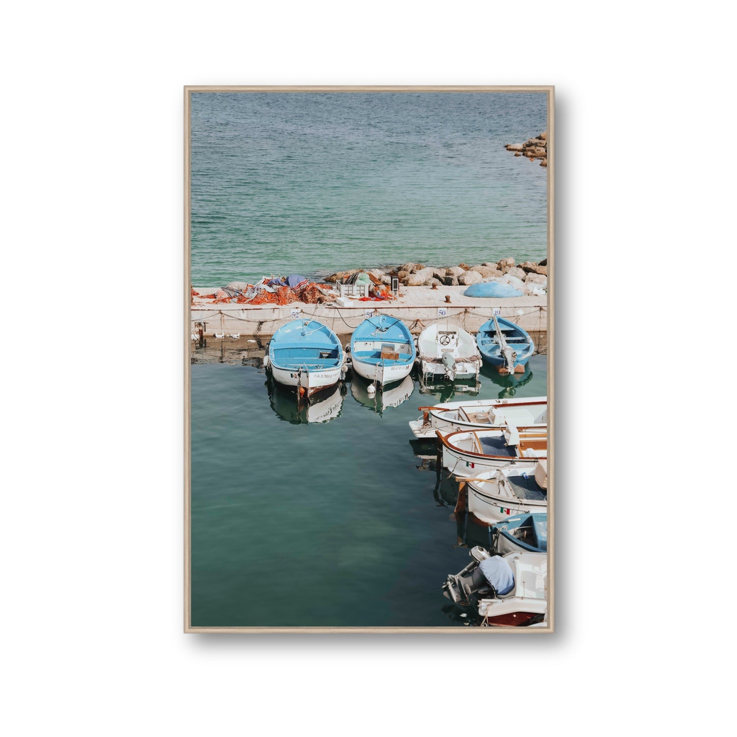 Maritime Memories Puglia Harbour Reflections coastal wall art Gallery fine art canvas in natural oak float frame