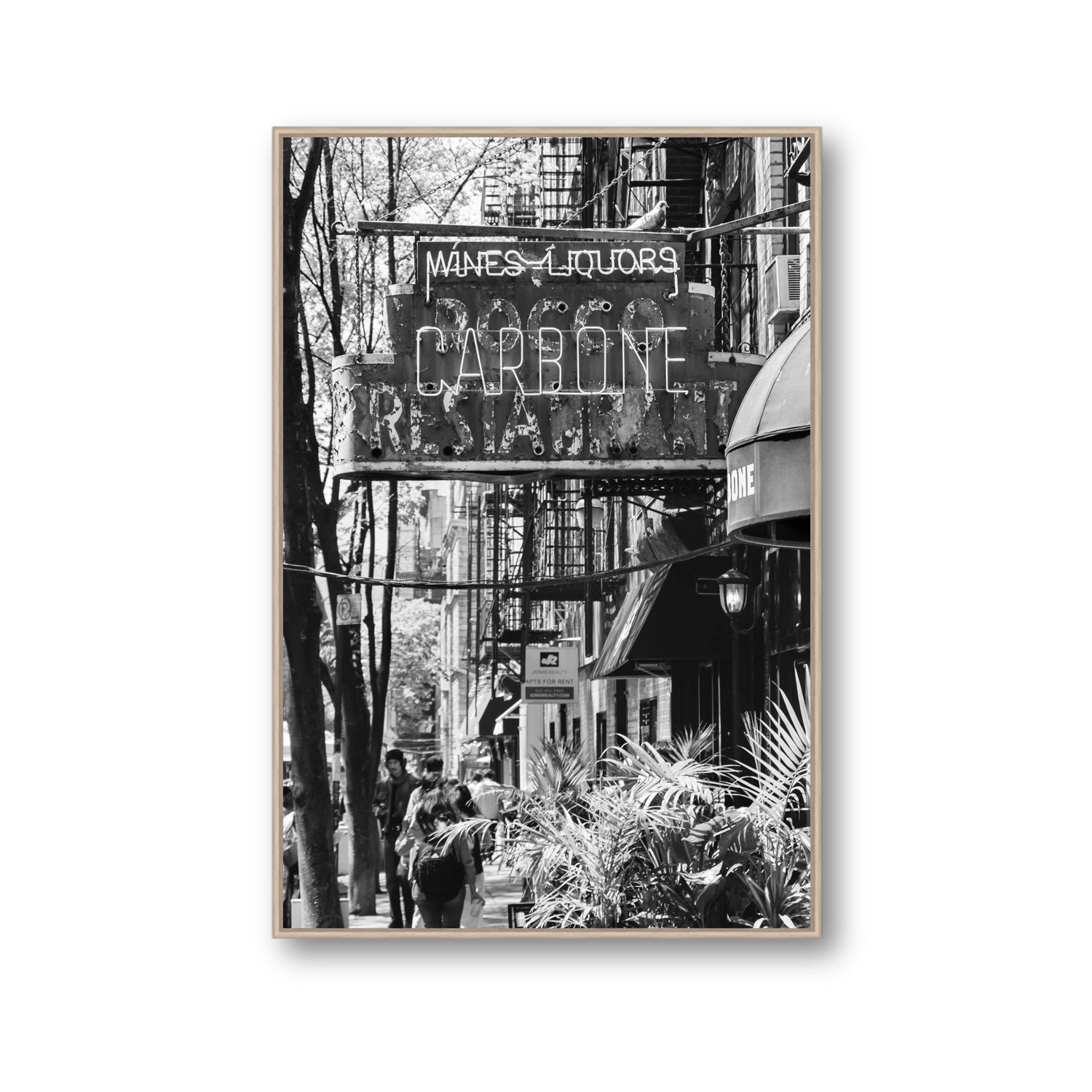 Paparazzi To Pasta New York NYC Black & White wall art Gallery fine art canvas in natural oak float frame