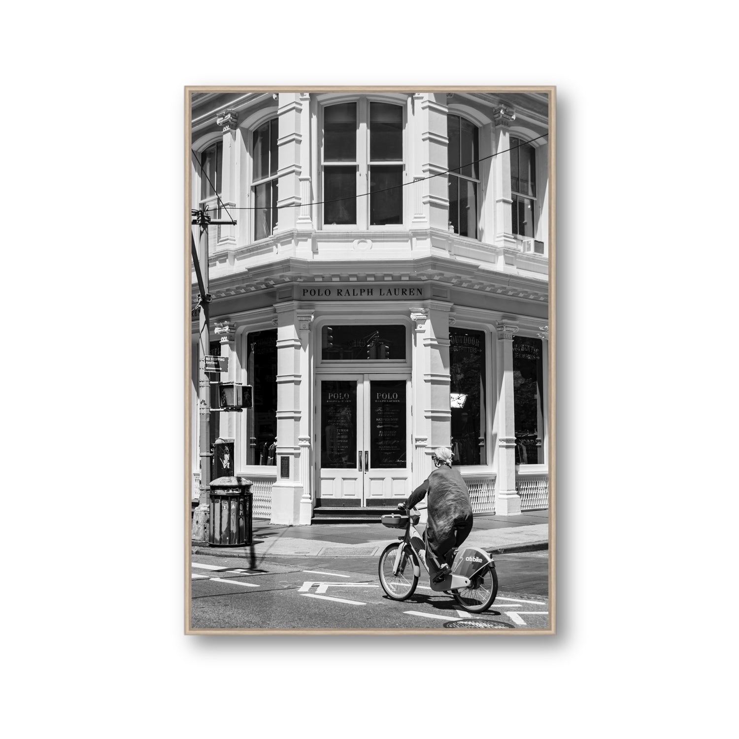 Downtown Rider New York NYC Black & White wall art Gallery fine art canvas in natural oak float frame