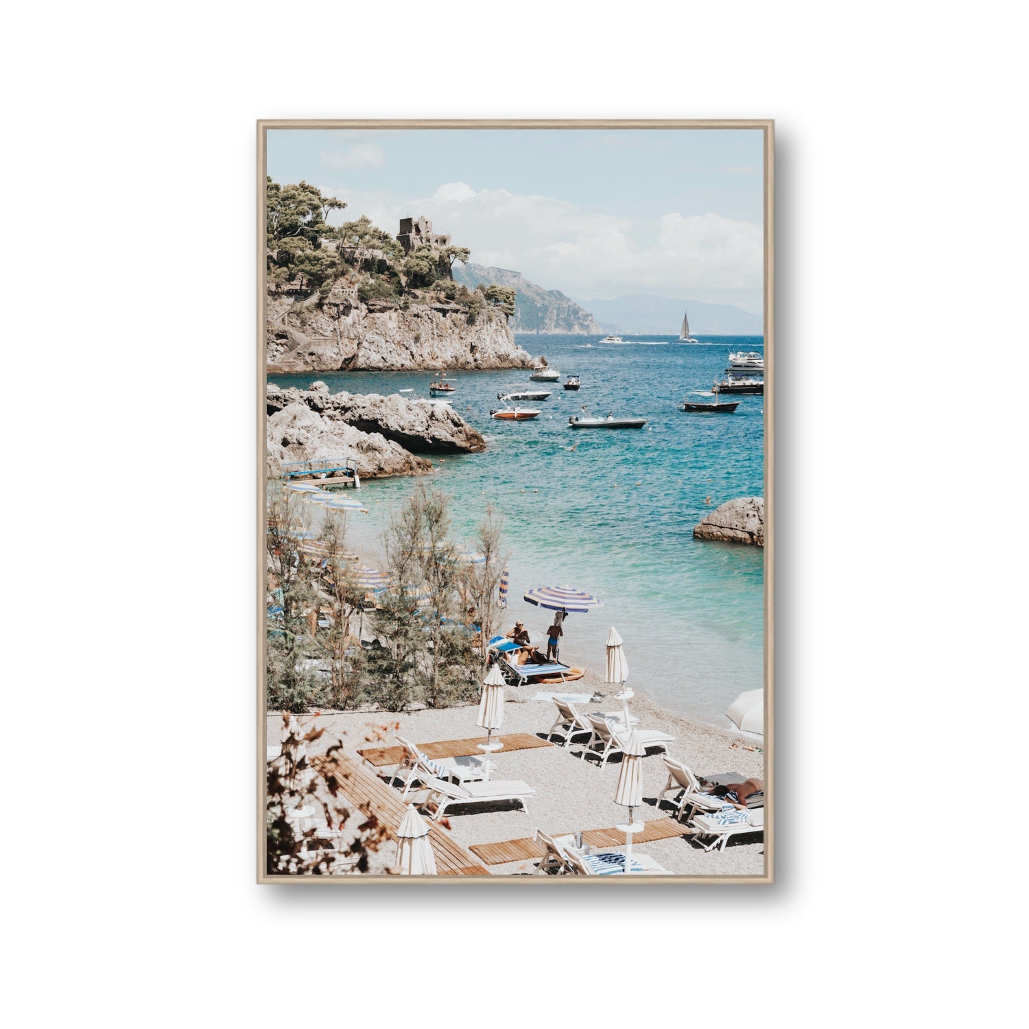 Sizzling Summer Days Amalfi coastal wall art Gallery fine art canvas in natural oak float frame
