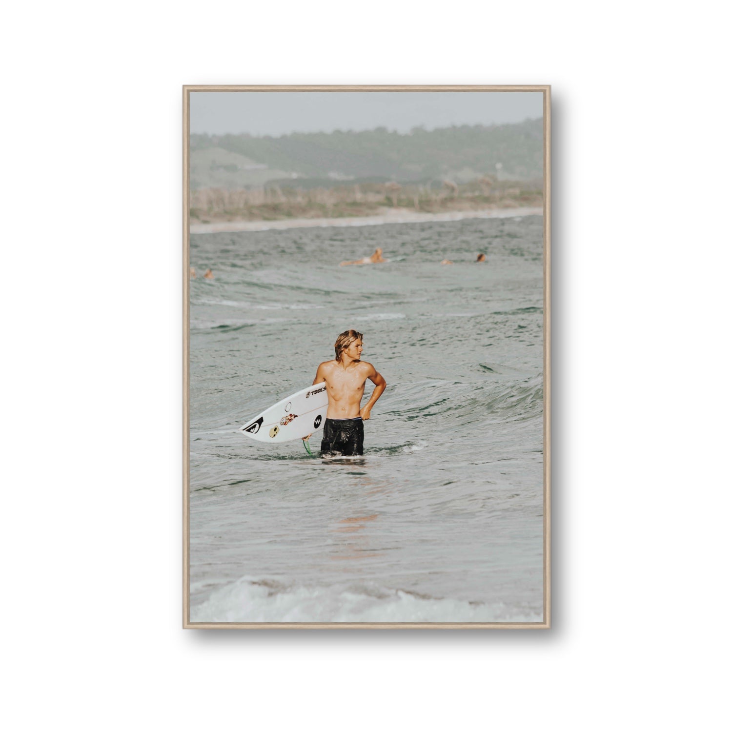 Chasing Mavericks Byron Bay Surf coastal wall art Gallery fine art canvas in natural oak float frame