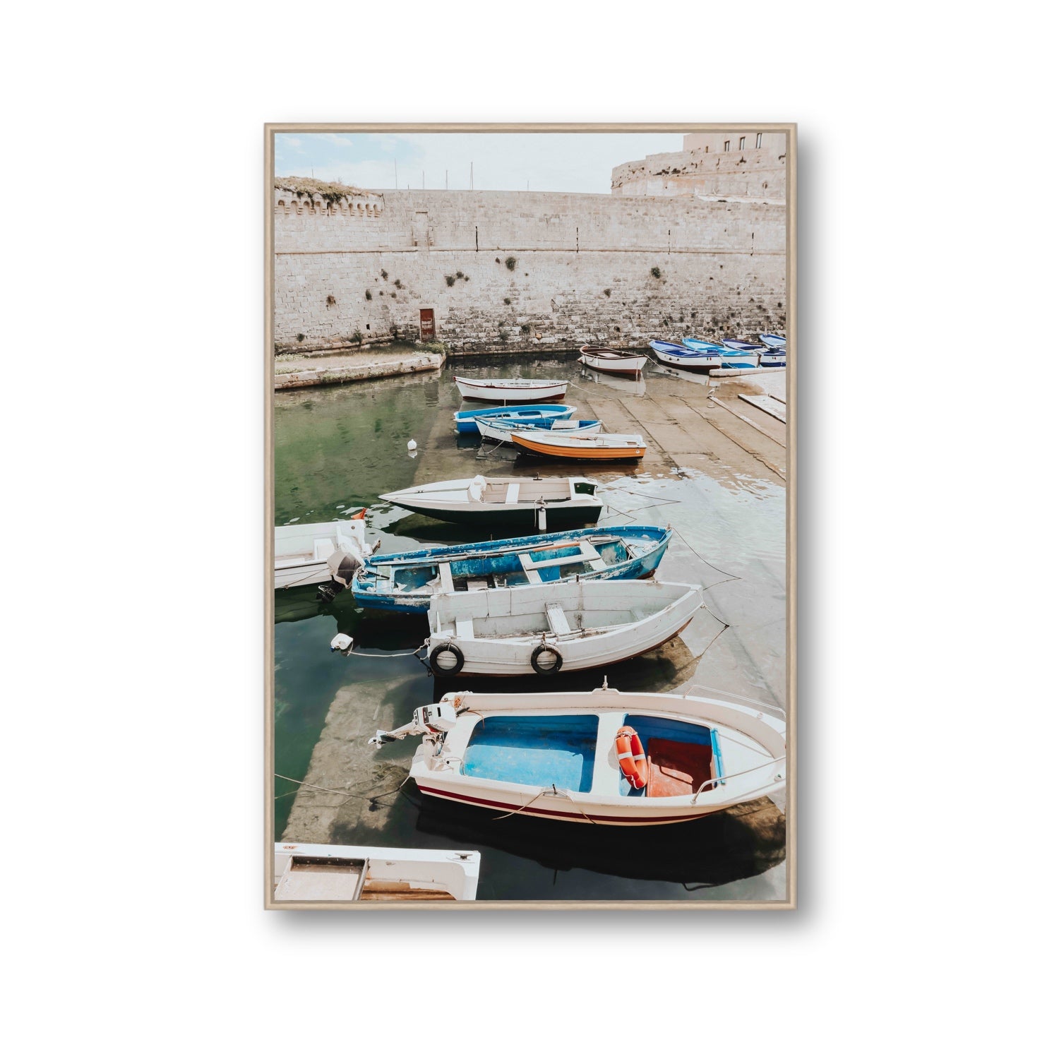 Harbour Palette Puglia coastal photography wall art Gallery fine art canvas in natural oak float frame