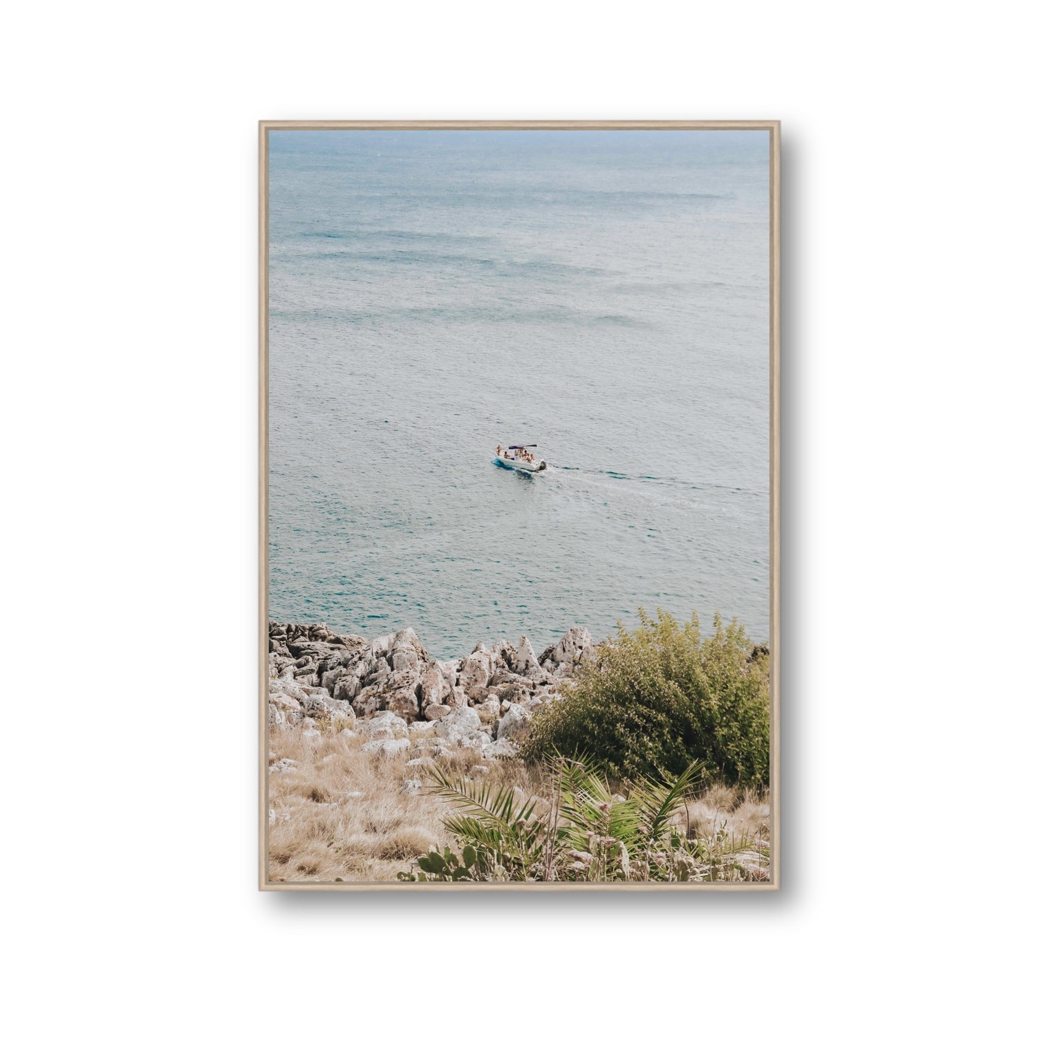 Puglian Departure Puglia coastal Italian wall art Gallery fine art canvas in natural oak float frame