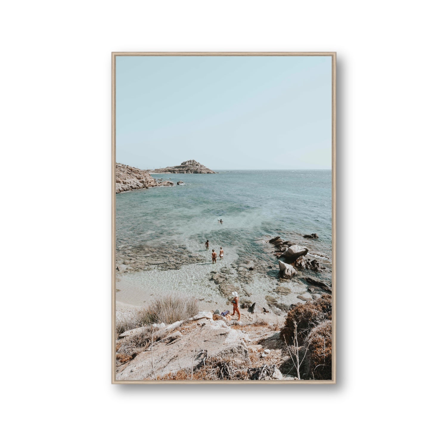 Explorers Mykonos Greek island wall art Gallery fine art canvas in natural oak float frame