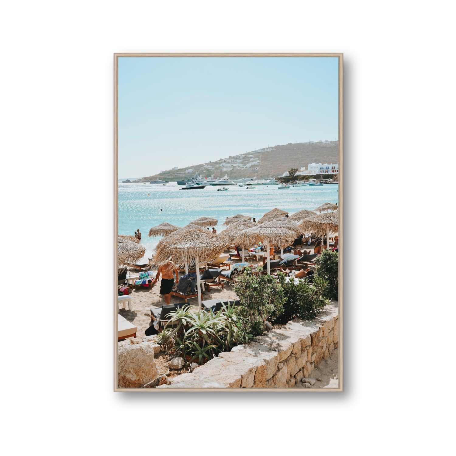 Beachside Huts Mykonos Greek island wall art Gallery fine art canvas in natural oak float frame