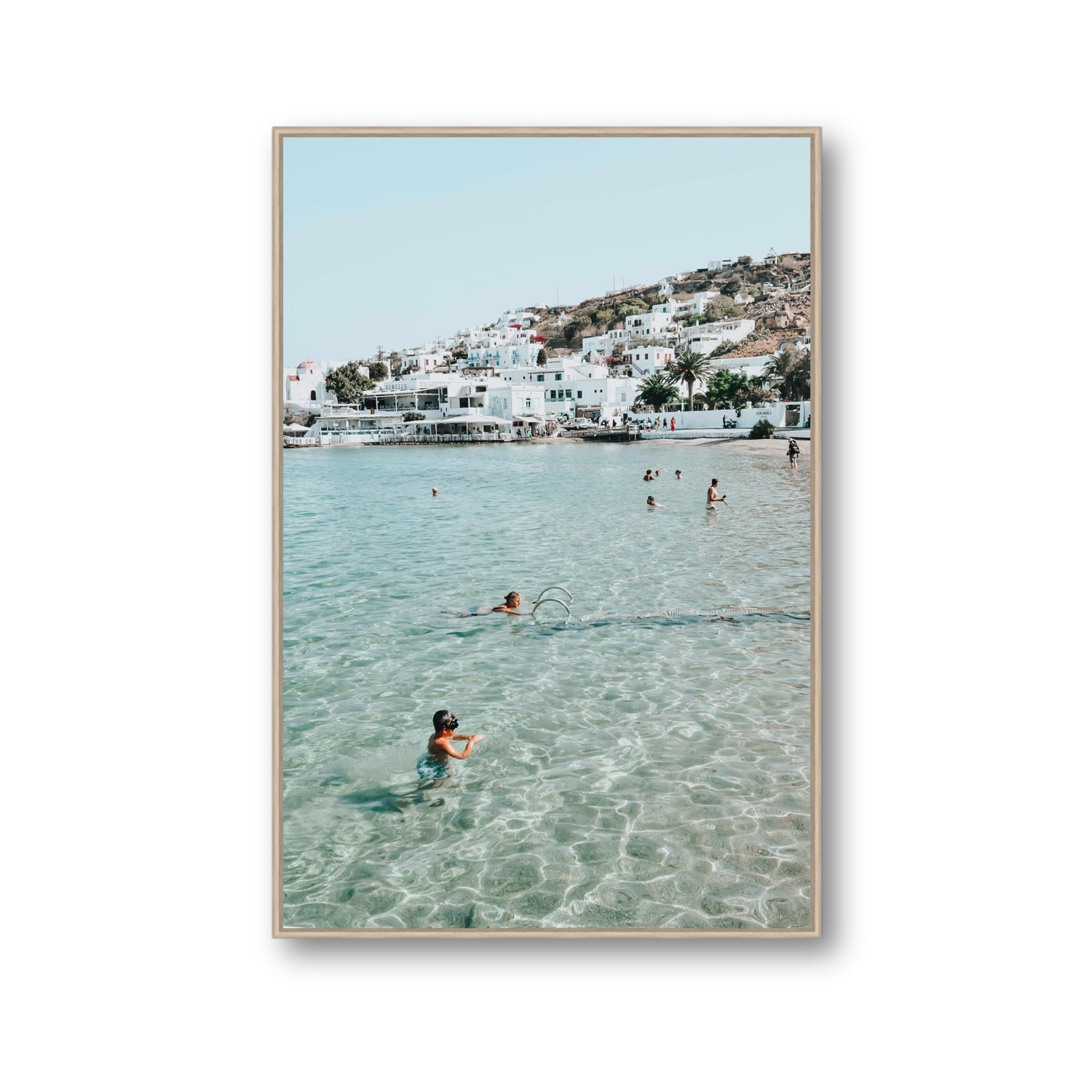 Beside The Seaside Mykonos beach Greek island wall art Gallery fine art canvas in natural oak float frame