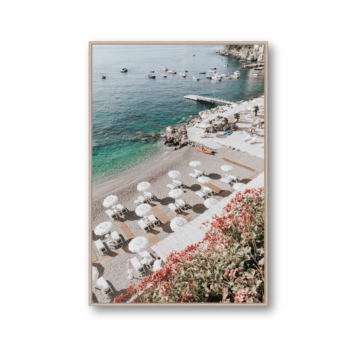 Tranquil Oasis Amalfi coastal wall art Gallery fine art canvas in natural oak float frame
