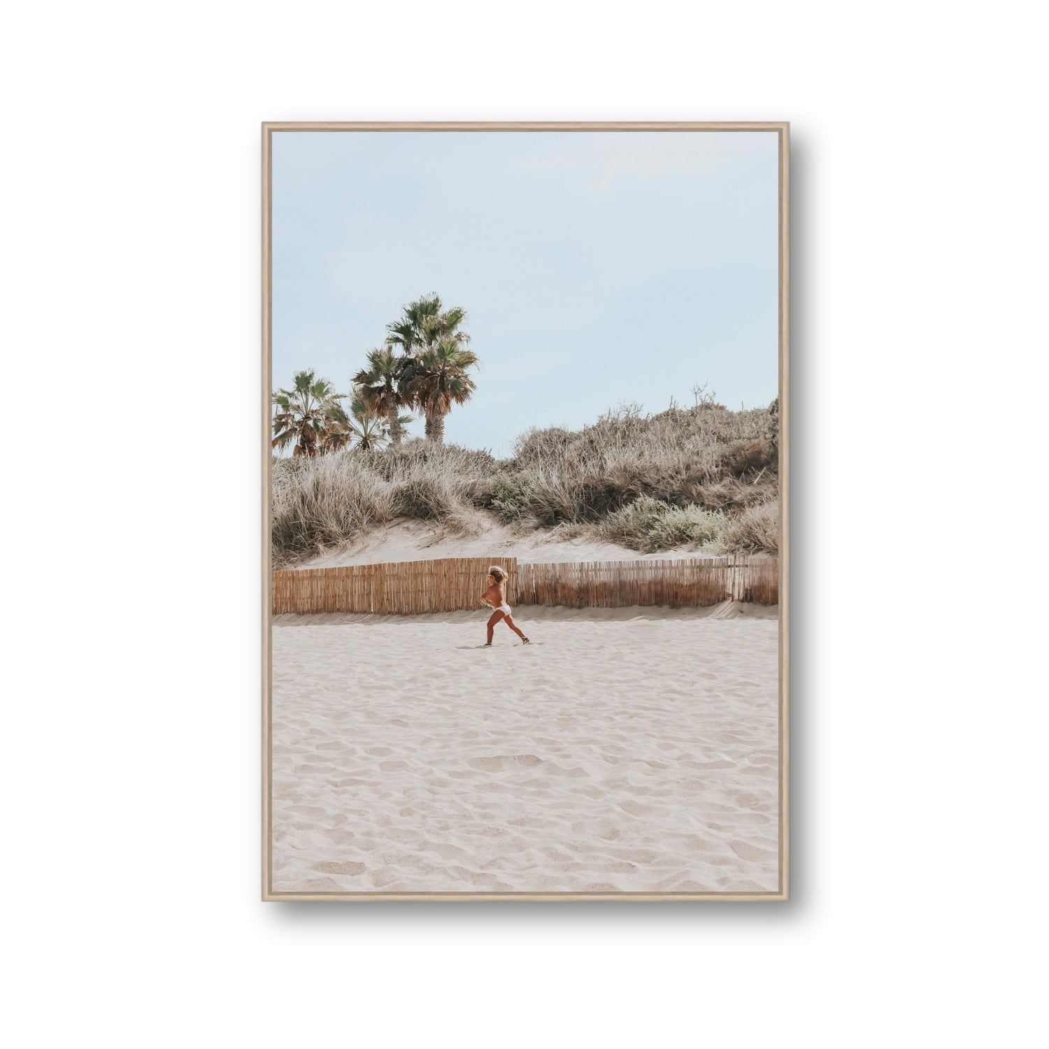 Joyful Sprint Puglia beach coastal fine art print Gallery fine art canvas in natural oak float frame