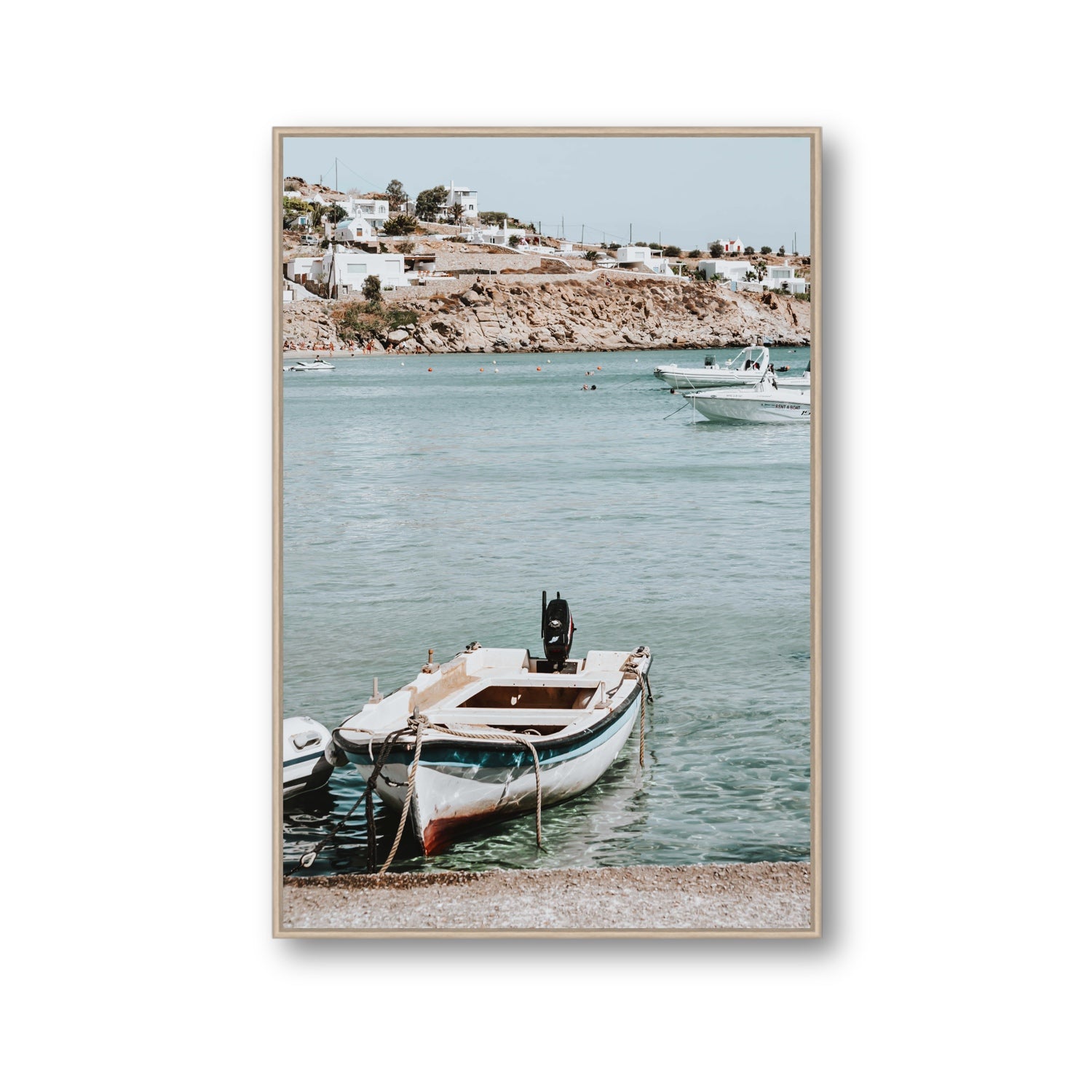 Classic Wheels Mykonos Greek island wall art Gallery fine art canvas in natural oak float frame
