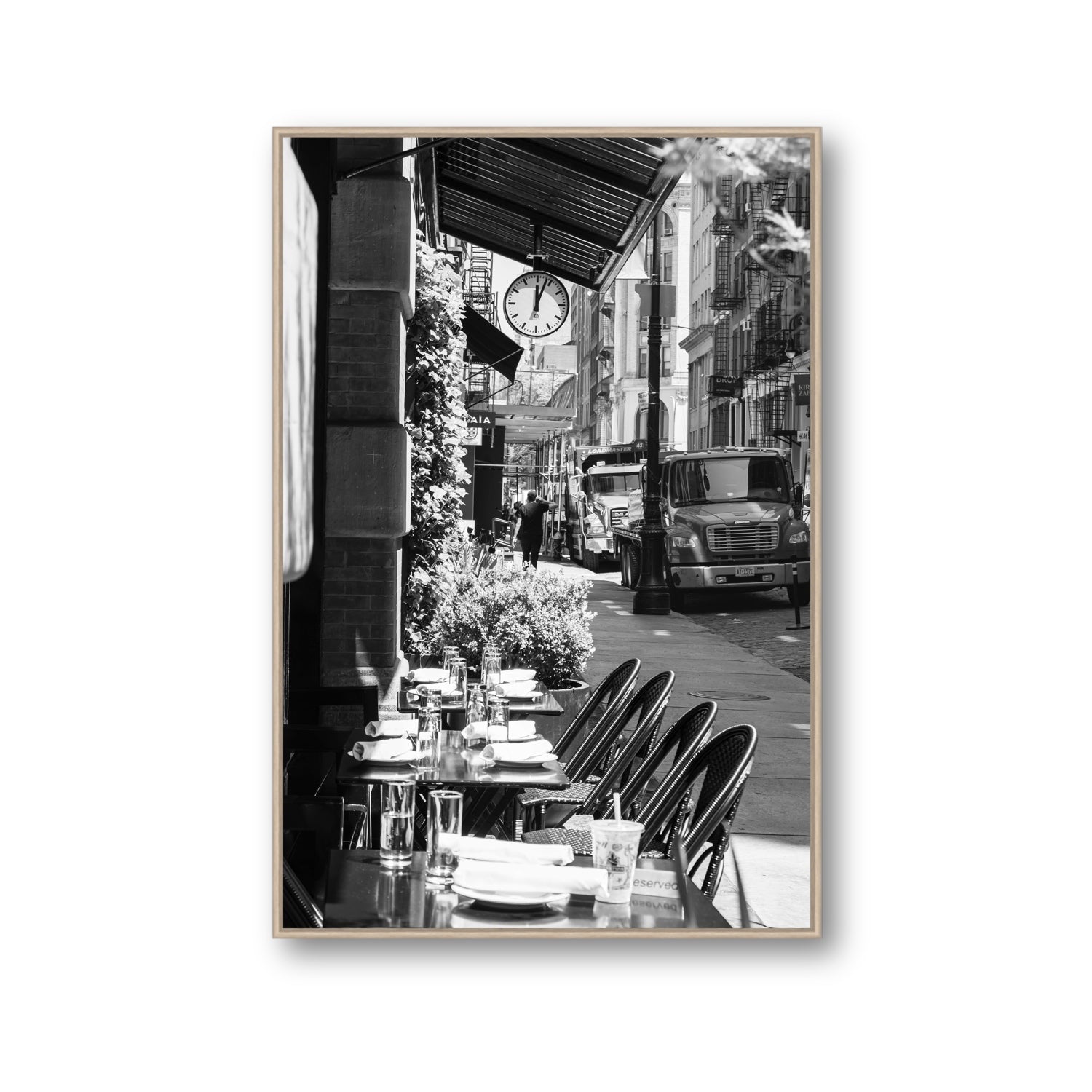 Mercer Street New York NYC Black & White wall art Gallery fine art canvas in natural oak float frame