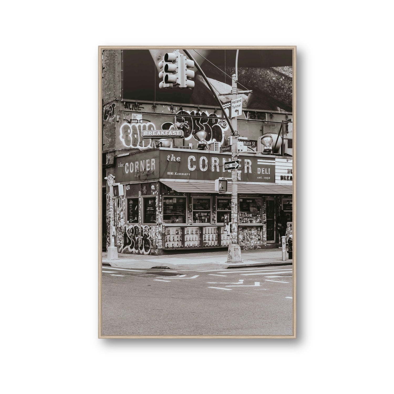 Soho Deli New York NYC Black & White wall art Gallery fine art canvas in natural oak float frame