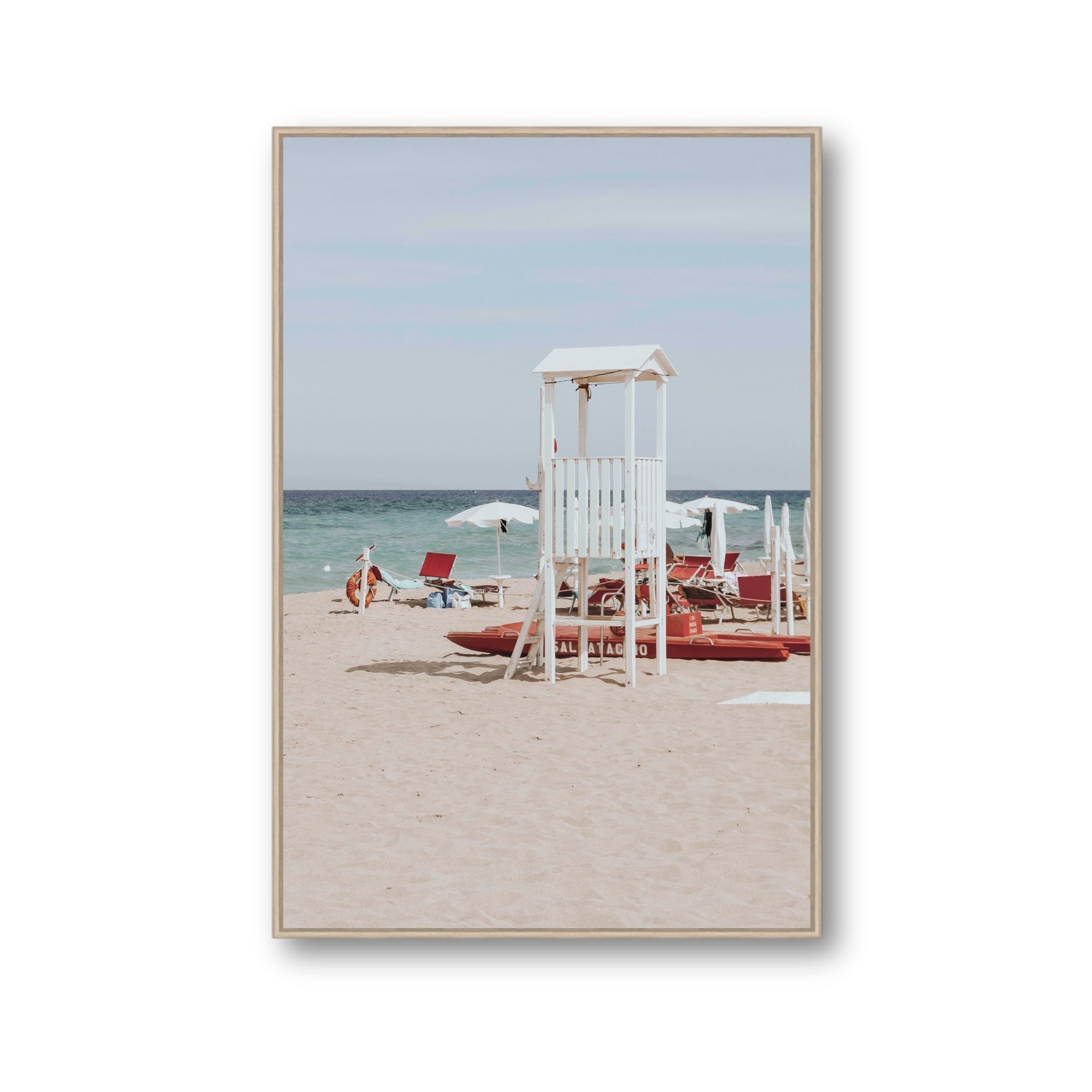 Barefoot Bliss Puglia beach Italian coastal decor wall art Gallery fine art canvas in natural oak float frame