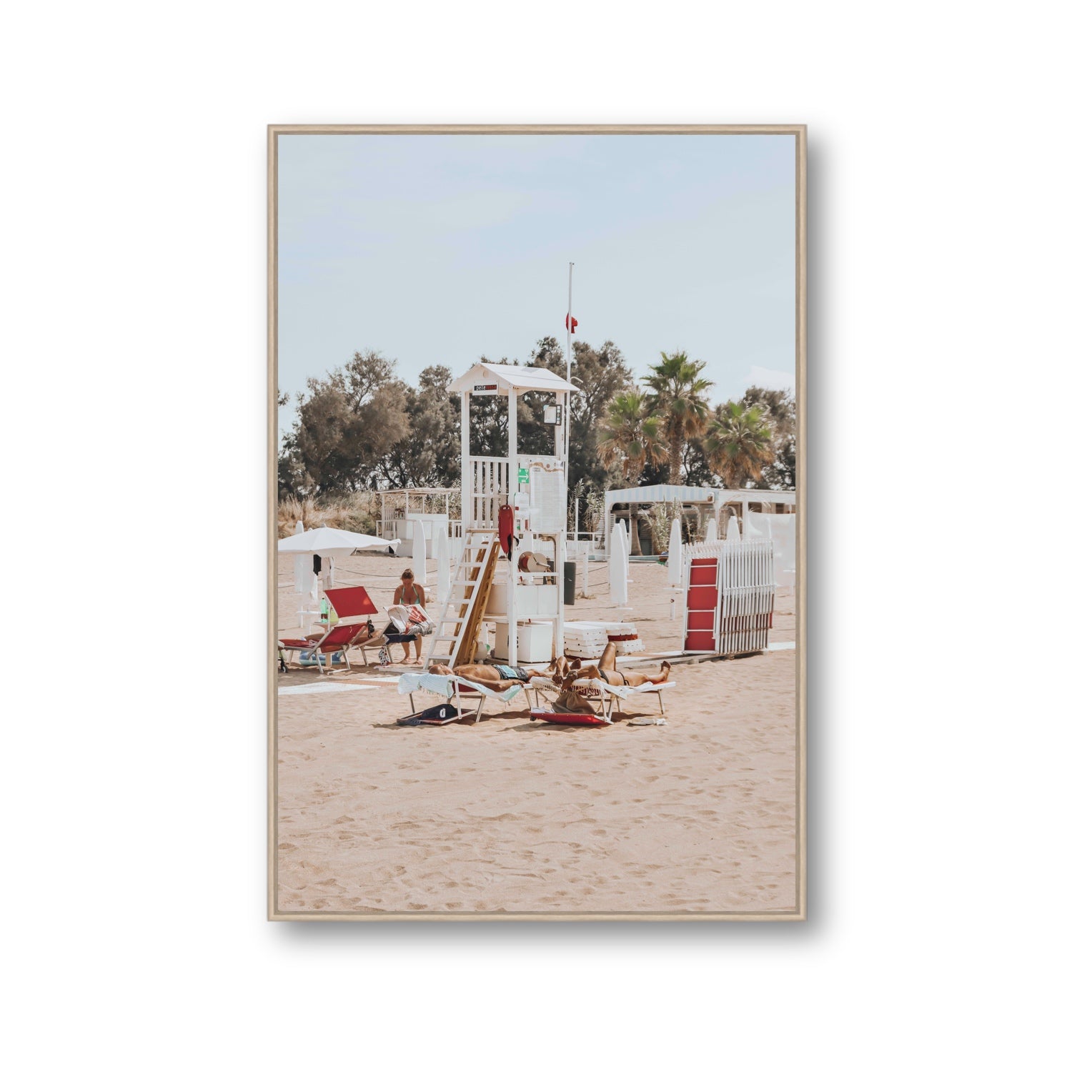 Red Lounge Reverie Puglia beach coastal wall art Gallery fine art canvas in natural oak float frame