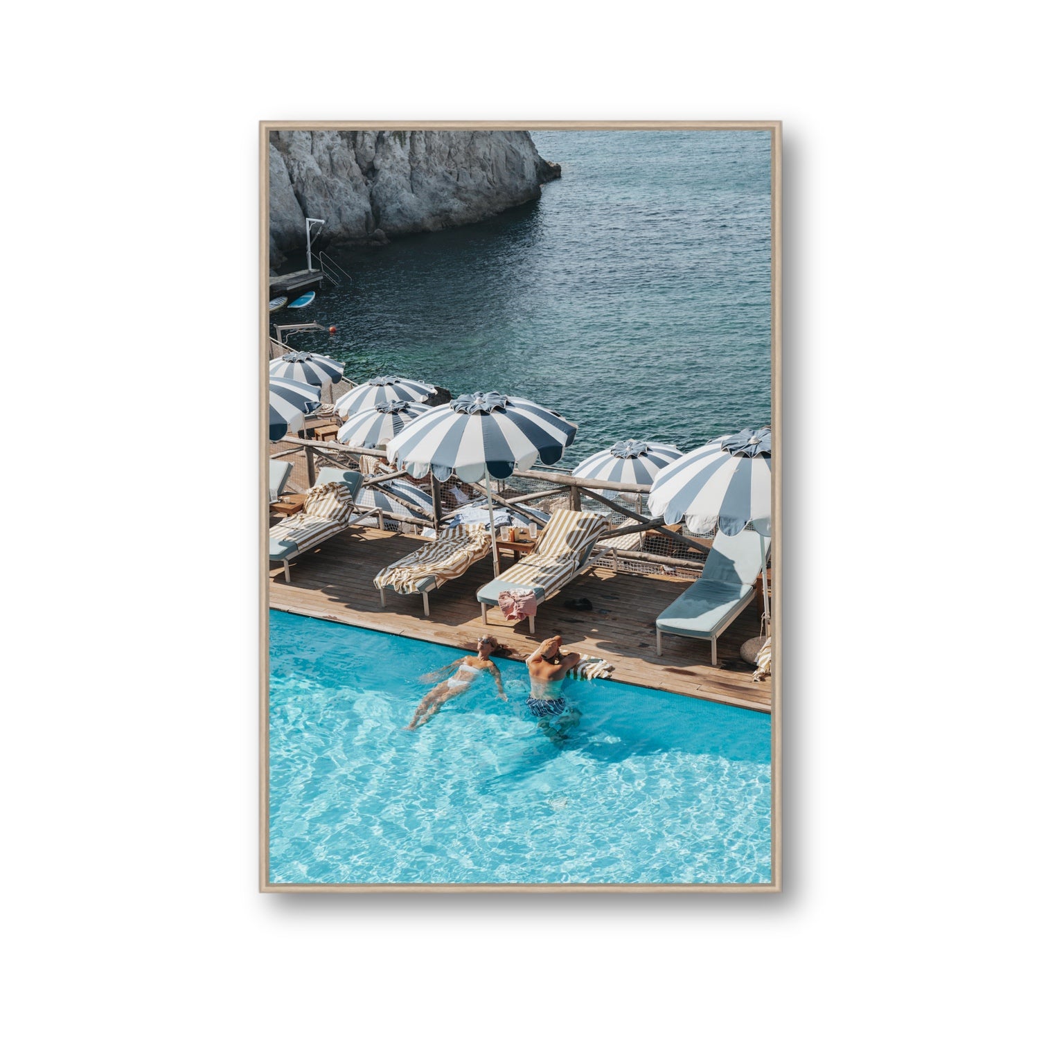 I'm Busy Ischia Italian coastal Mediterranean wall art Gallery fine art canvas in natural oak float frame