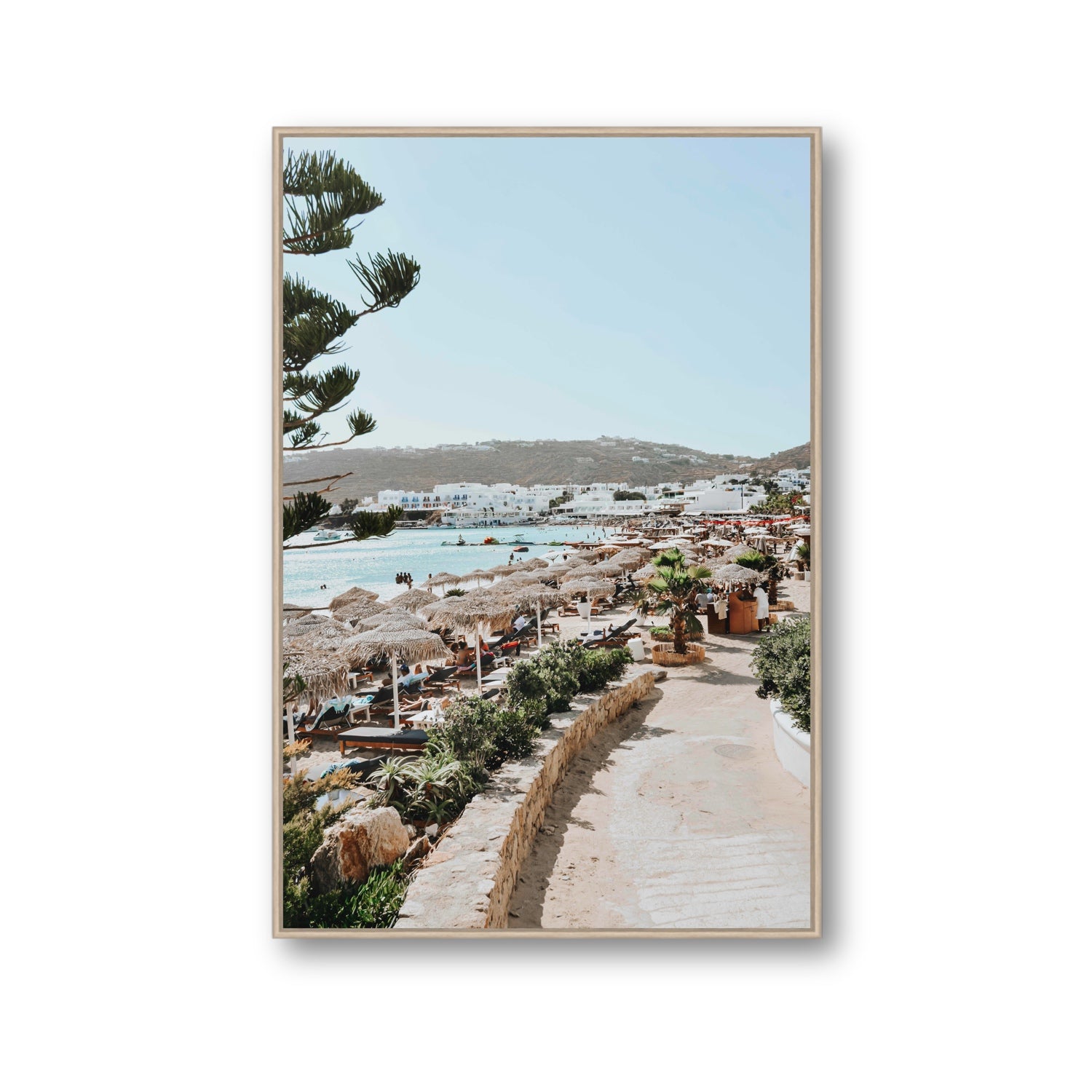 All Roads Lead To The Beach Mykonos Greek island wall art Gallery fine art canvas in natural oak float frame