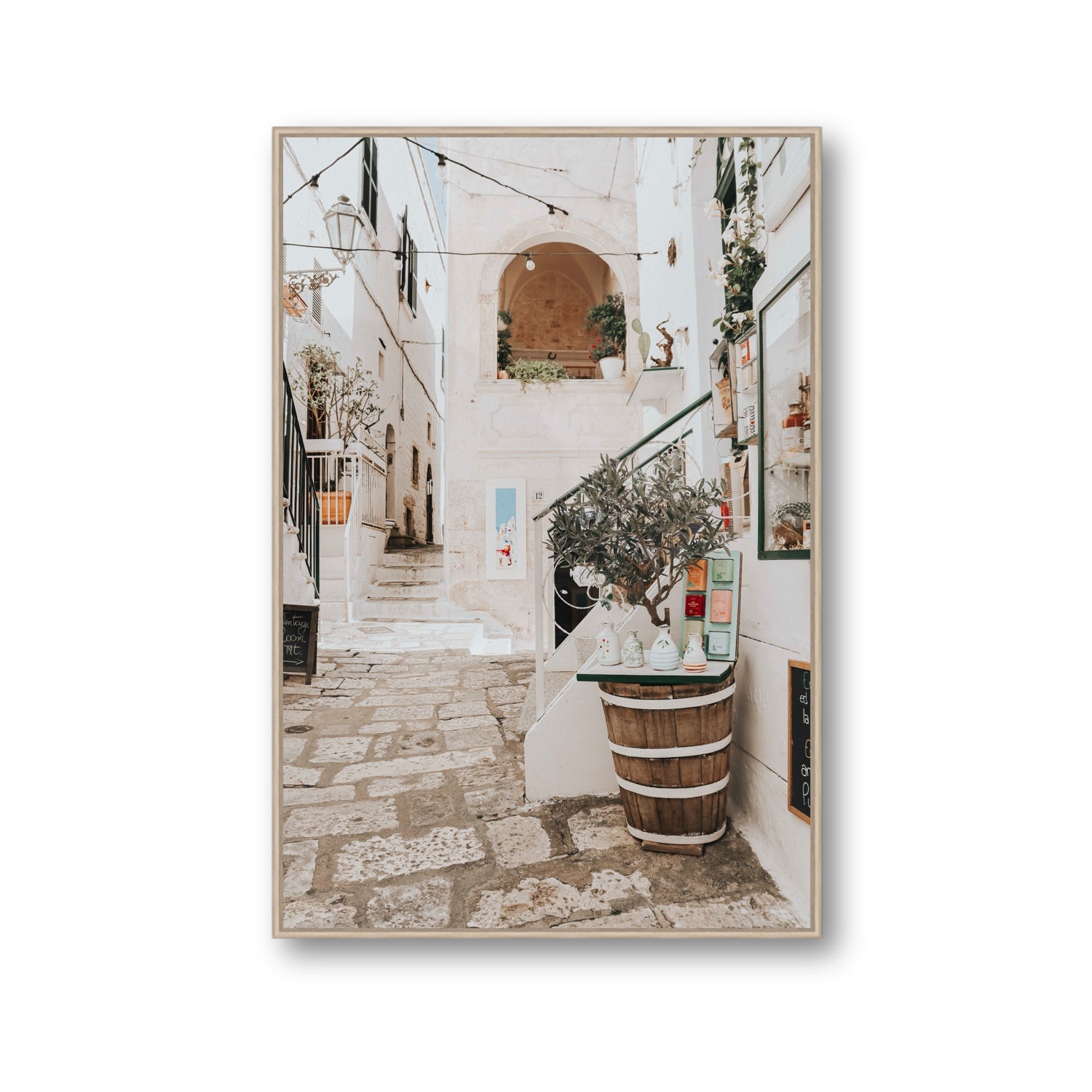 Olive Tree Lane Puglia Ostuni Mediterranean decor wall art Gallery fine art canvas in natural oak float frame
