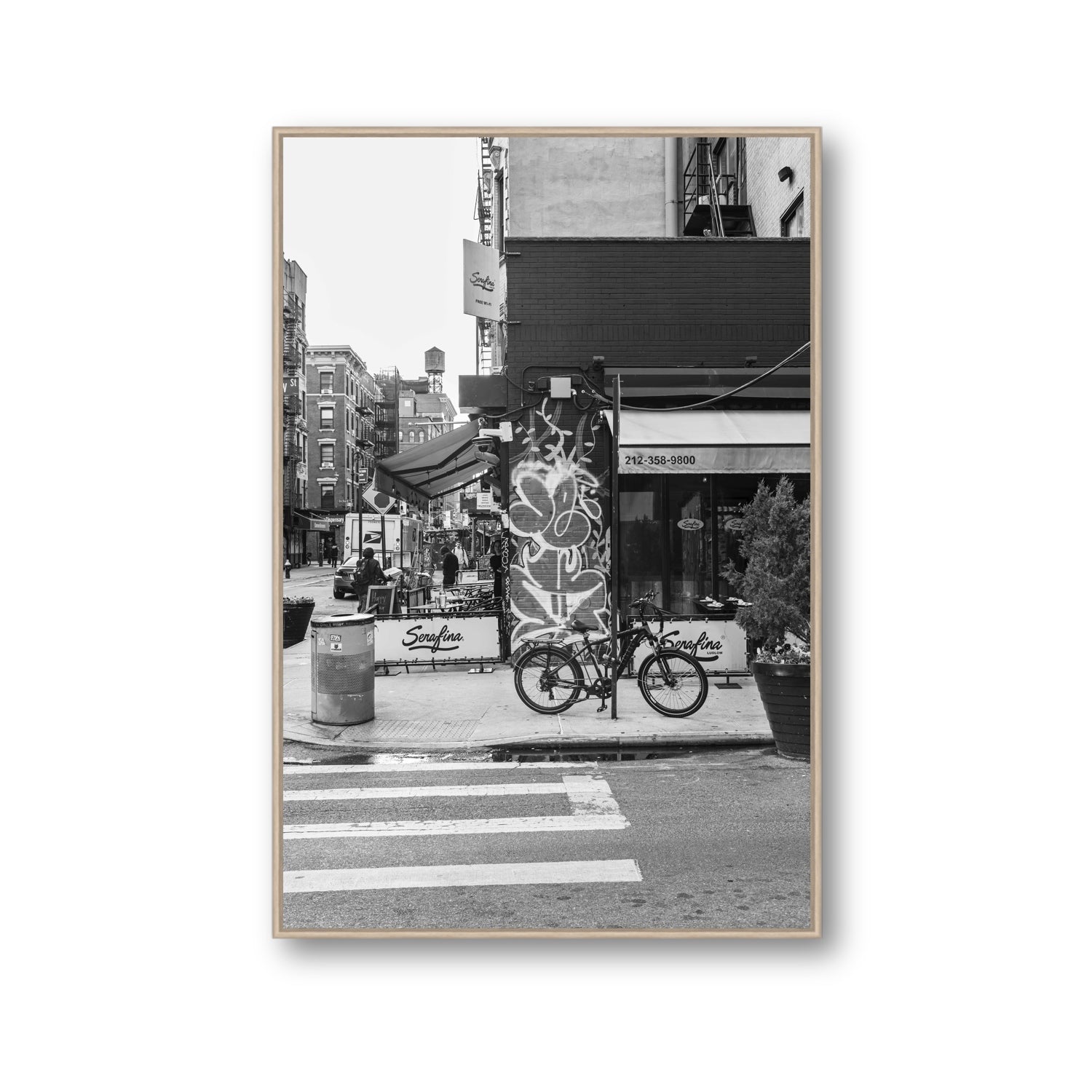 Cafe Canvas New York NYC Black & White wall art Gallery fine art canvas in natural oak float frame