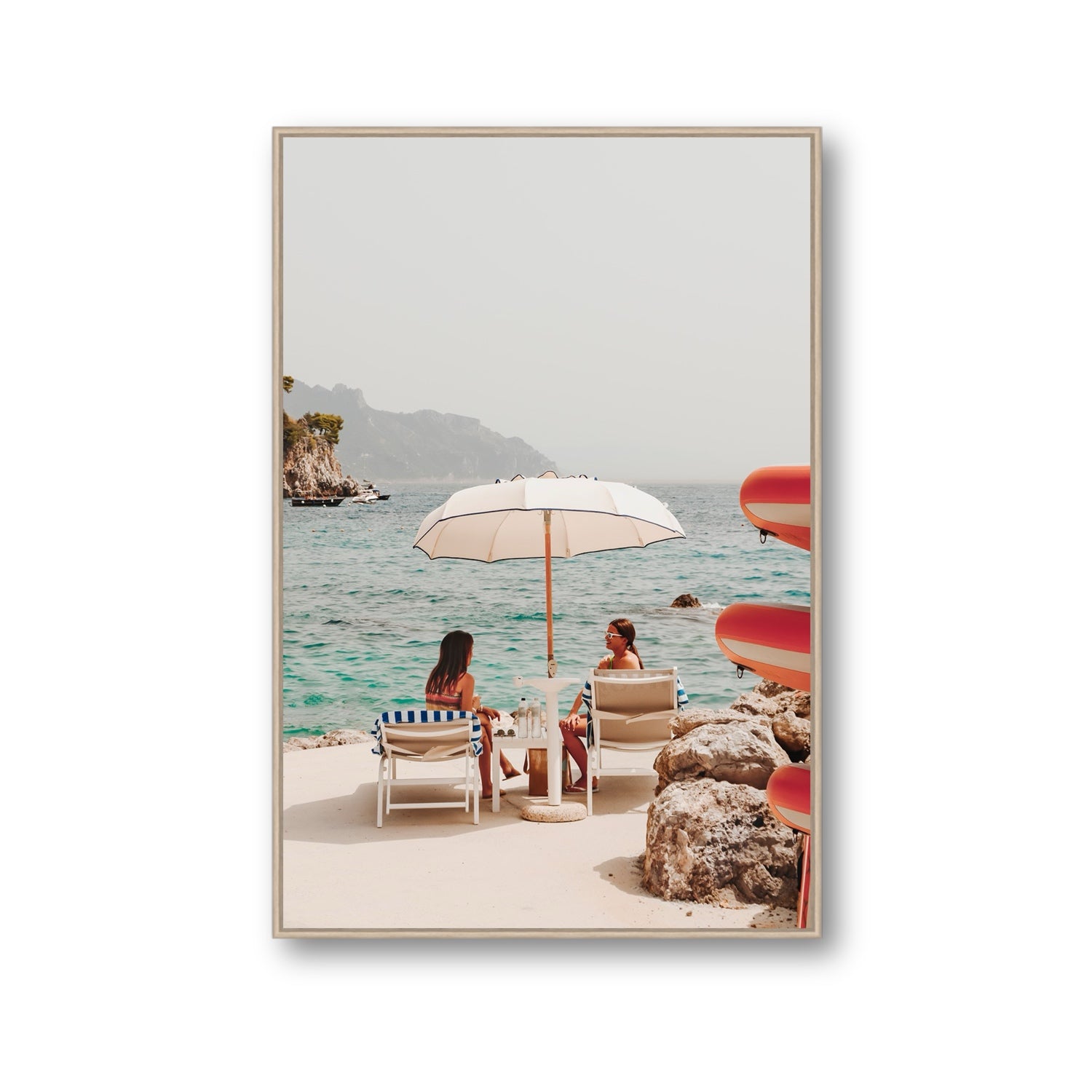 Salty Banter Amalfi Mediterranean wall art Gallery fine art canvas in natural oak float frame