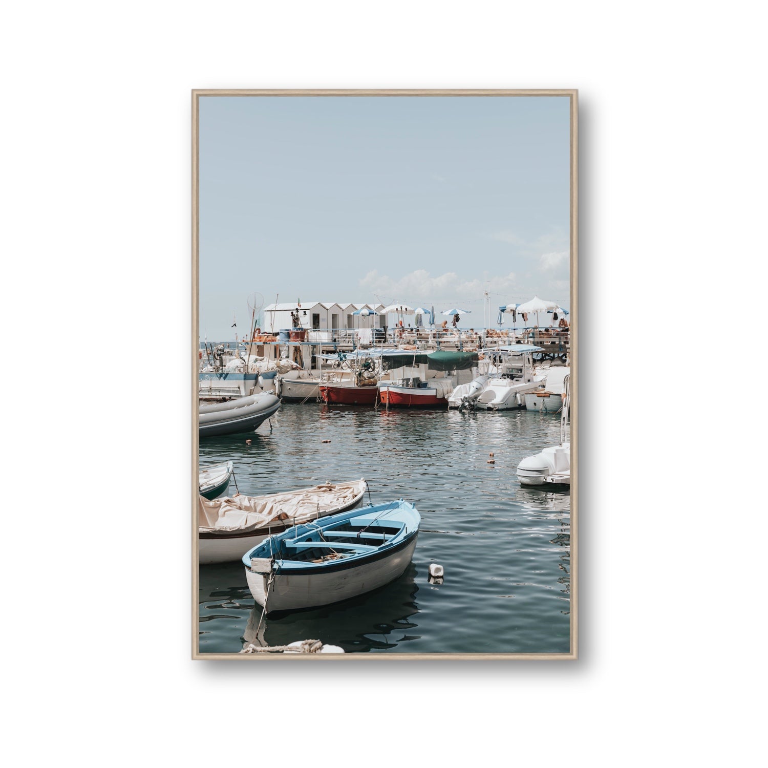 Harbour Hues Sorrento coastal Carousel wall art Gallery fine art canvas in natural oak float frame
