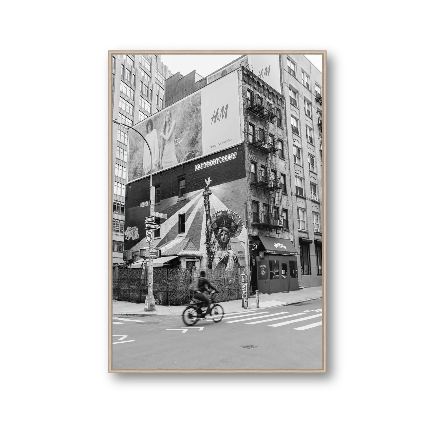 Shadows Of Liberty New York NYC Black & White wall art Gallery fine art canvas in natural oak float frame