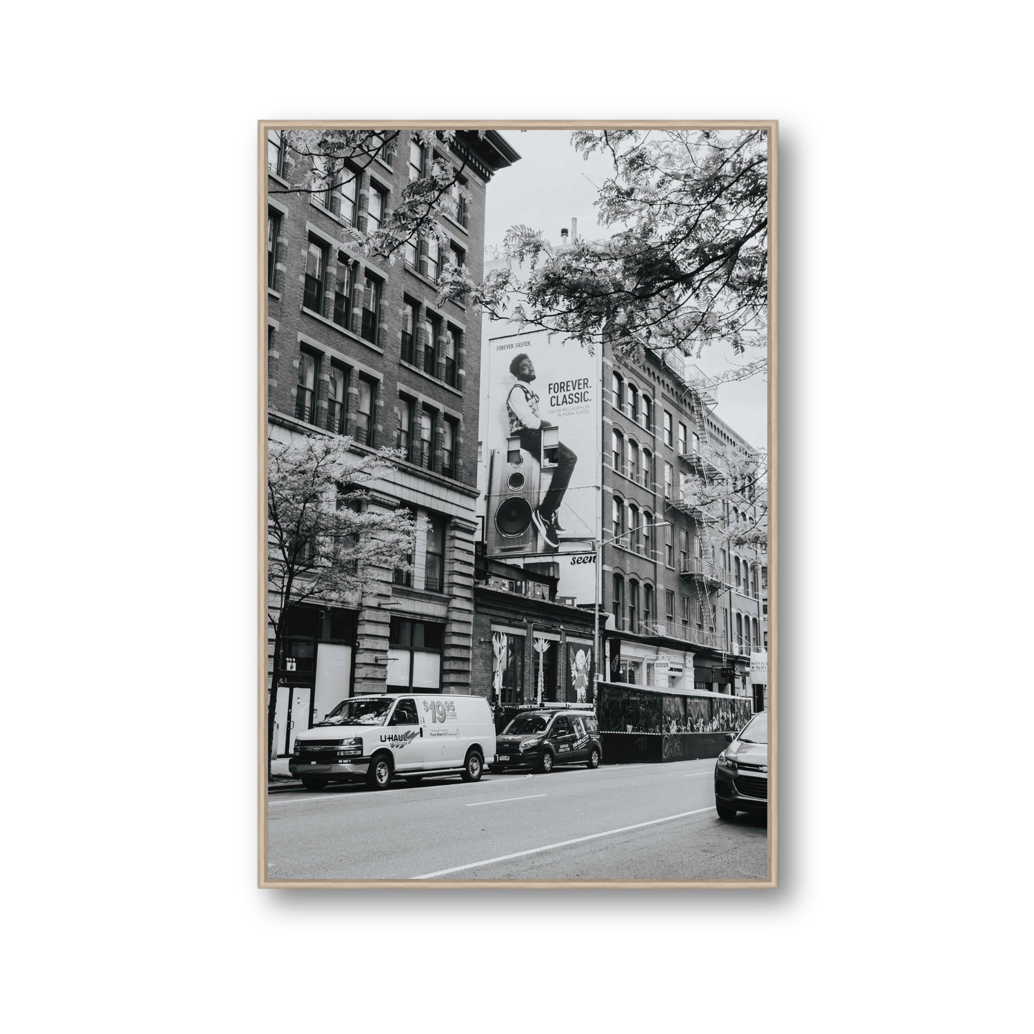 Forever Classic New York NYC Black & White wall art Gallery fine art canvas in natural oak float frame
