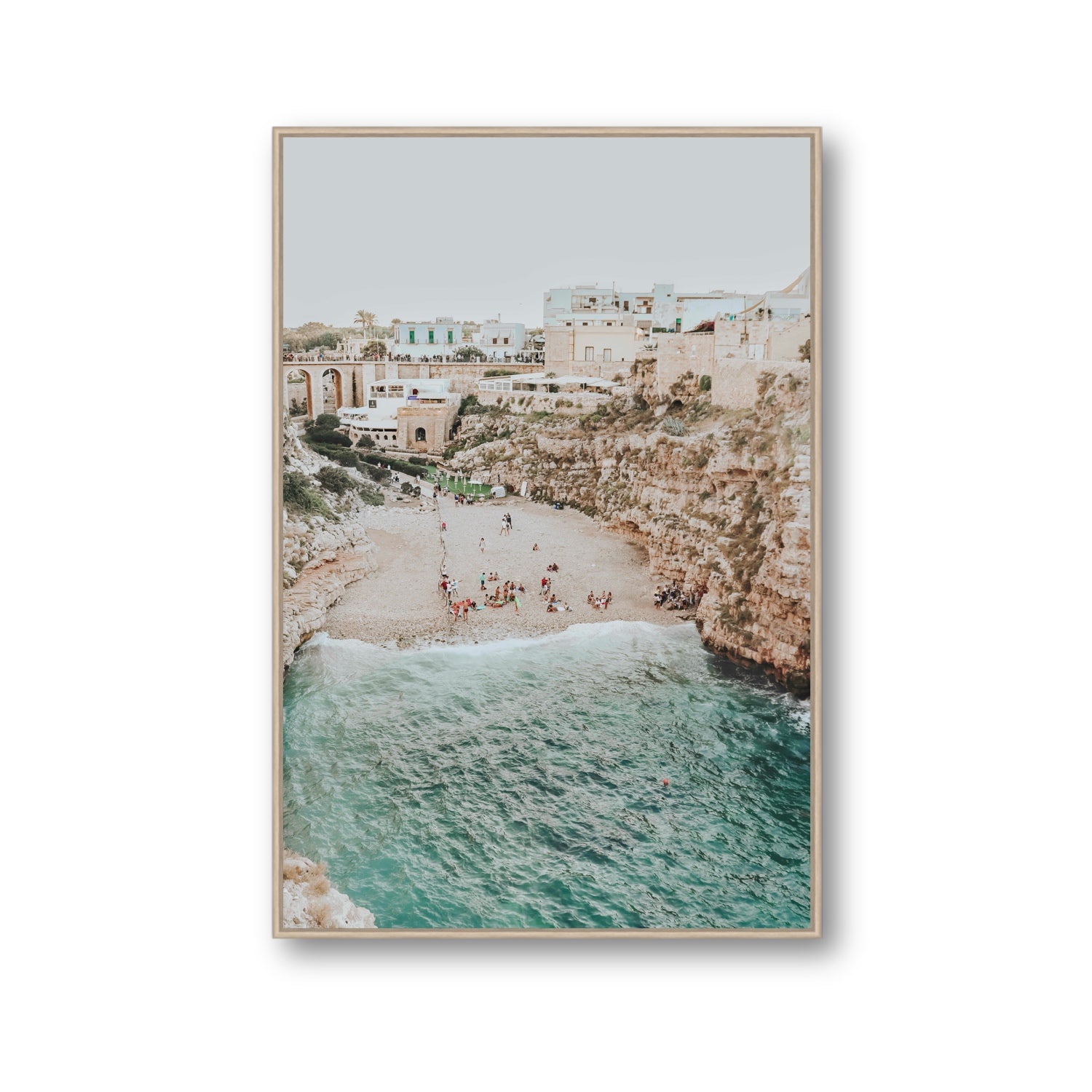 Polignano Vista Puglia coastal Italian beach fine art print Gallery fine art canvas in natural oak float frame