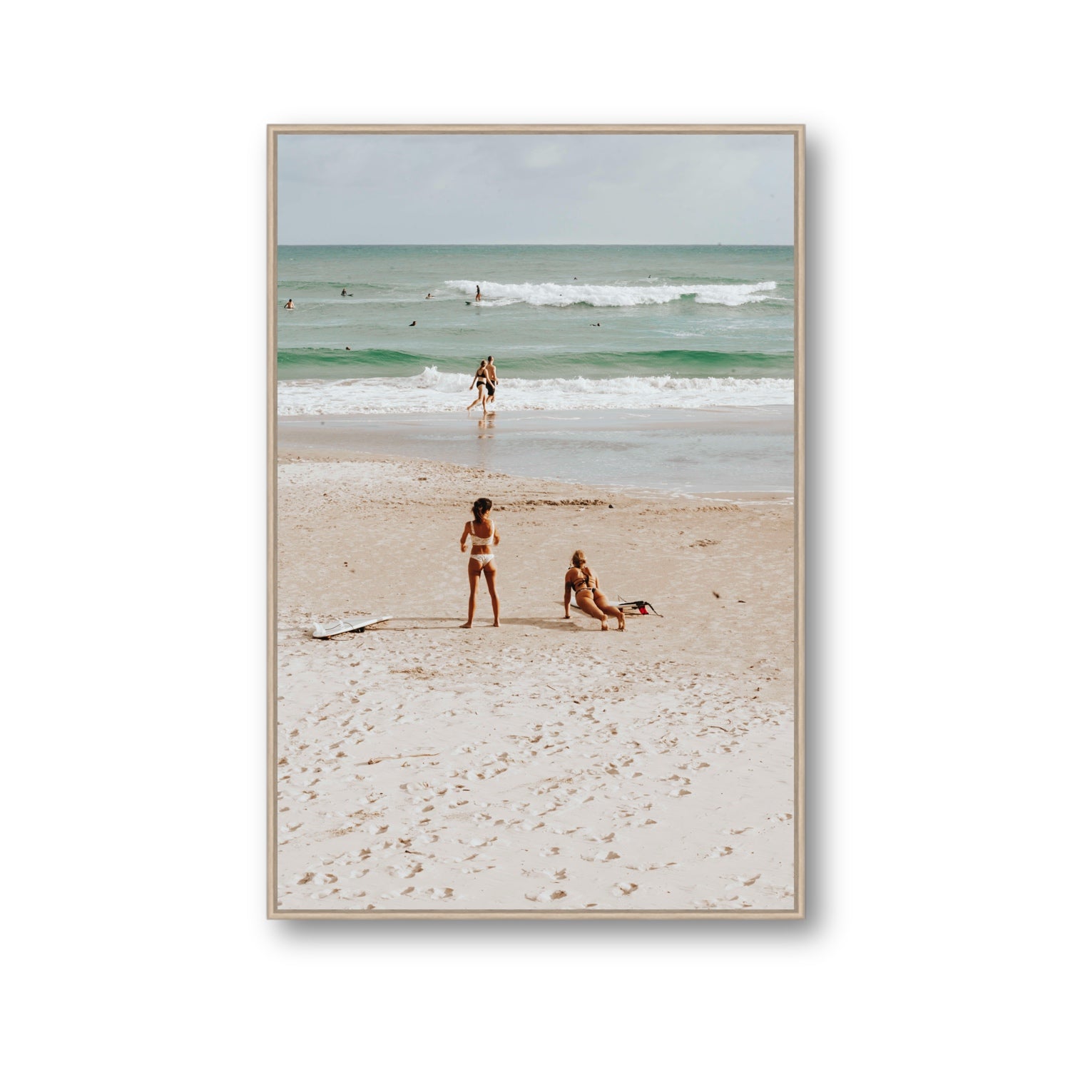 Gidget & Betty Byron Bay beach coastal wall art Gallery fine art canvas in natural oak float frame