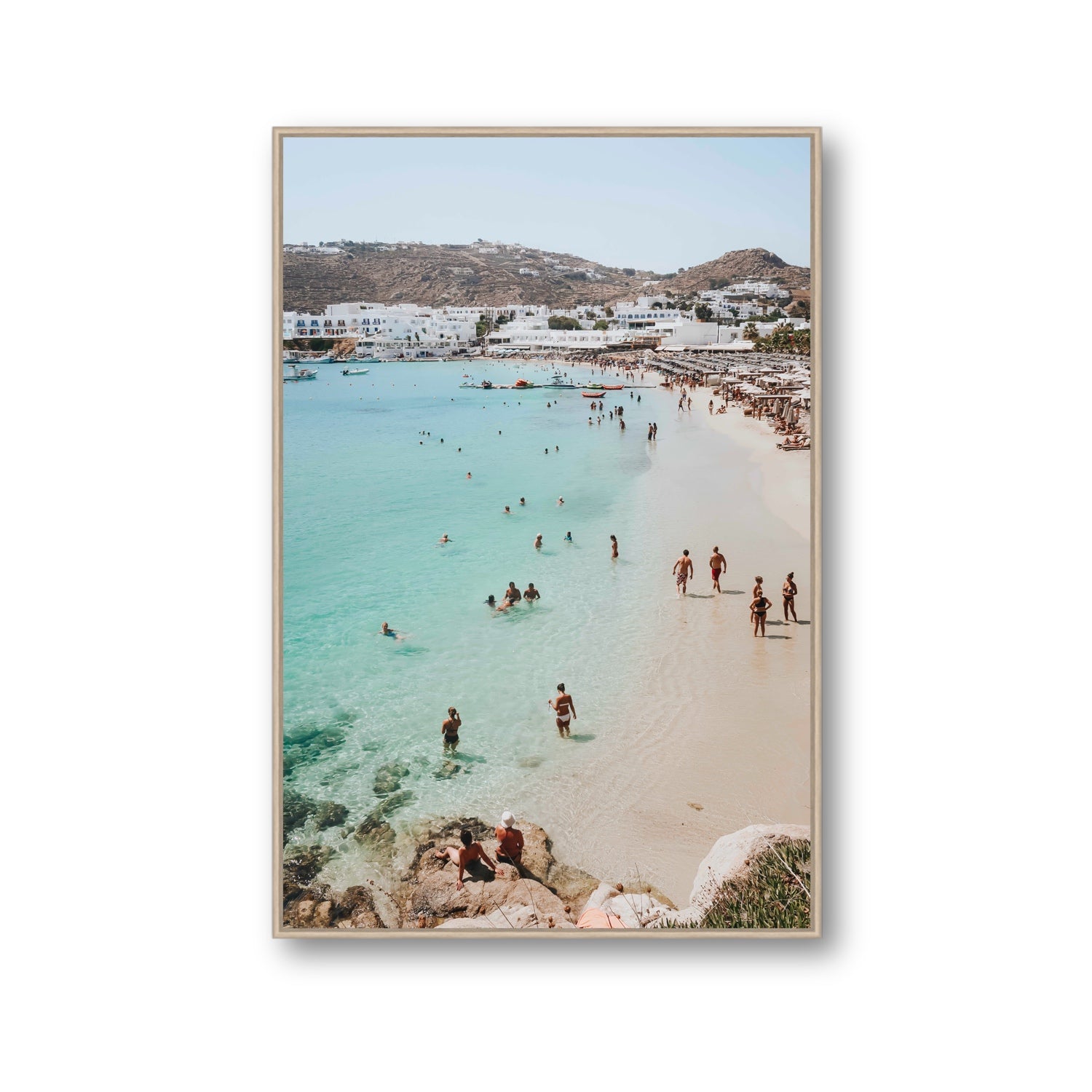 Breathe In The Salty Air Mykonos Greek island wall art Gallery fine art canvas in natural oak float frame