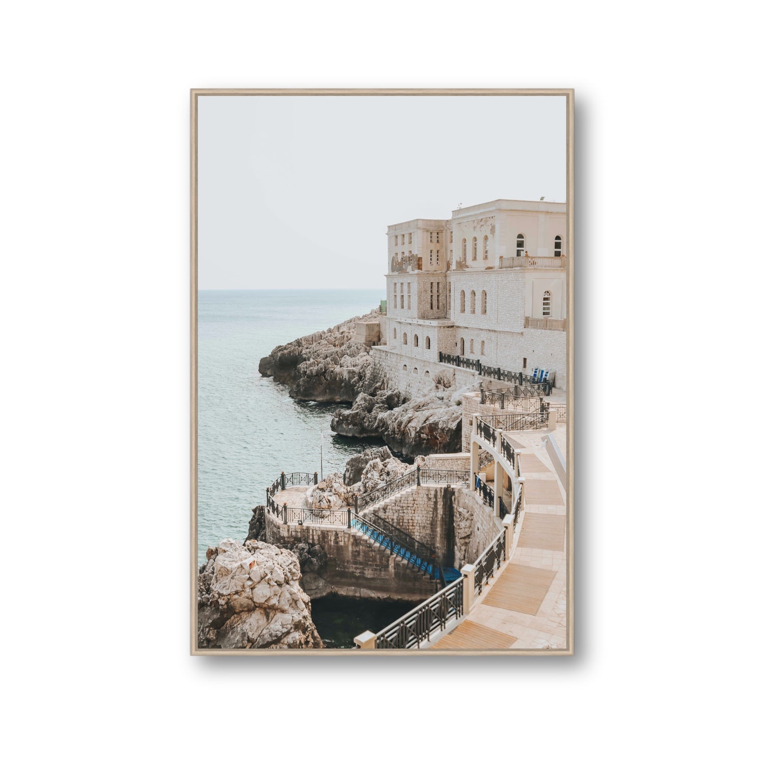 Santa Cesarea Puglia Italian coastal wall art Gallery fine art canvas in natural oak float frame