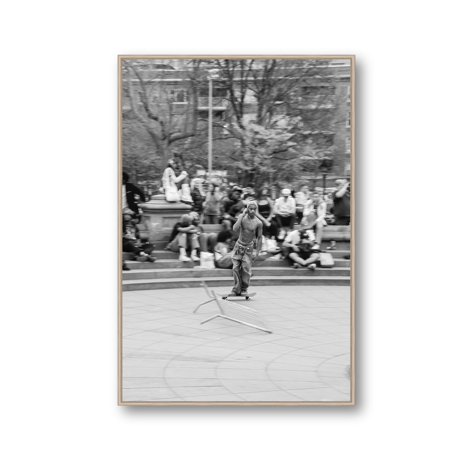 Skate Park Serenade New York NYC Black & White wall art Gallery fine art canvas in natural oak float frame