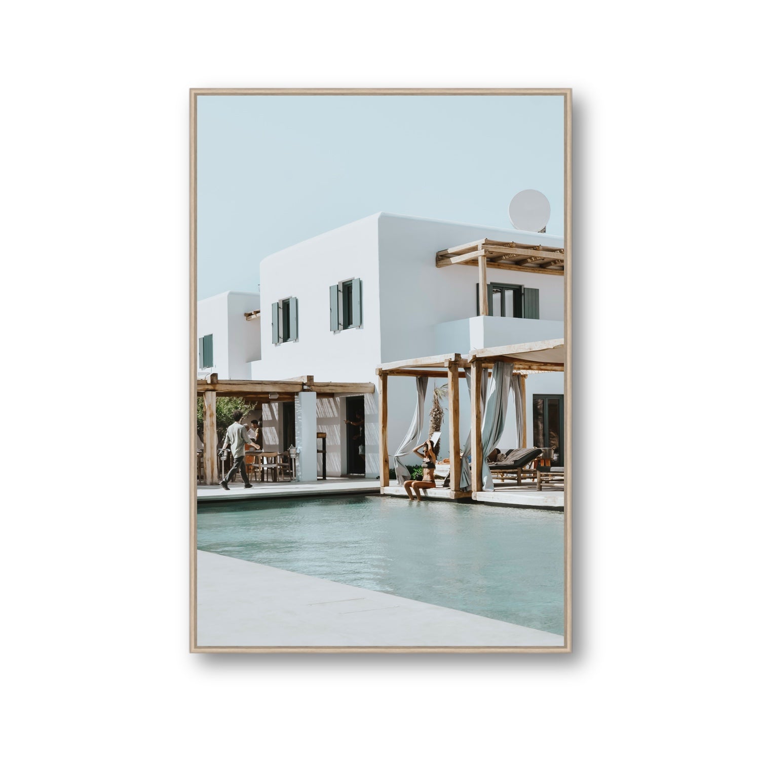 Aphrodite Mykonos Greek island wall art Gallery fine art canvas in natural oak float frame
