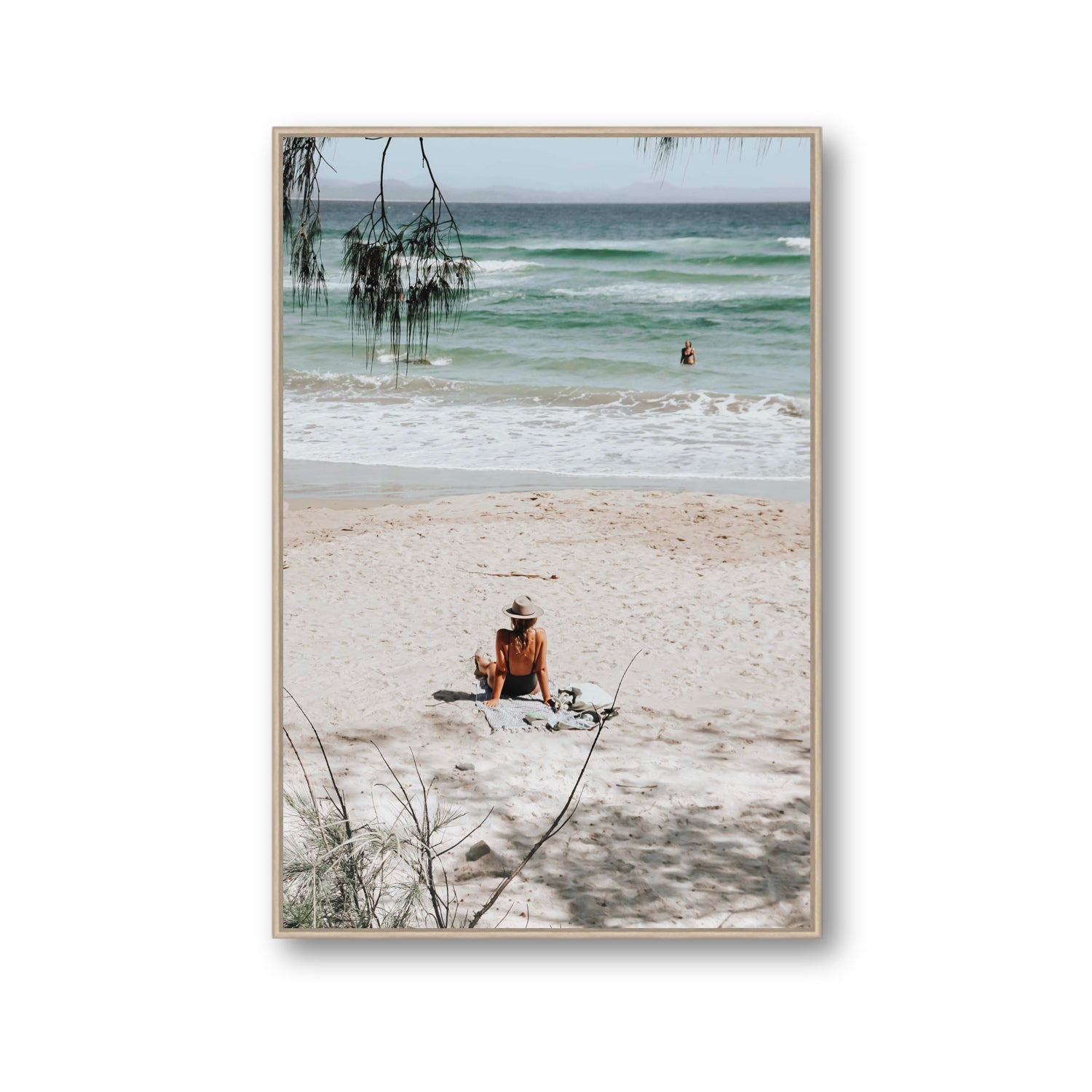 Take It Easy Byron Bay beach coastal decor wall art Gallery fine art canvas in natural oak float frame