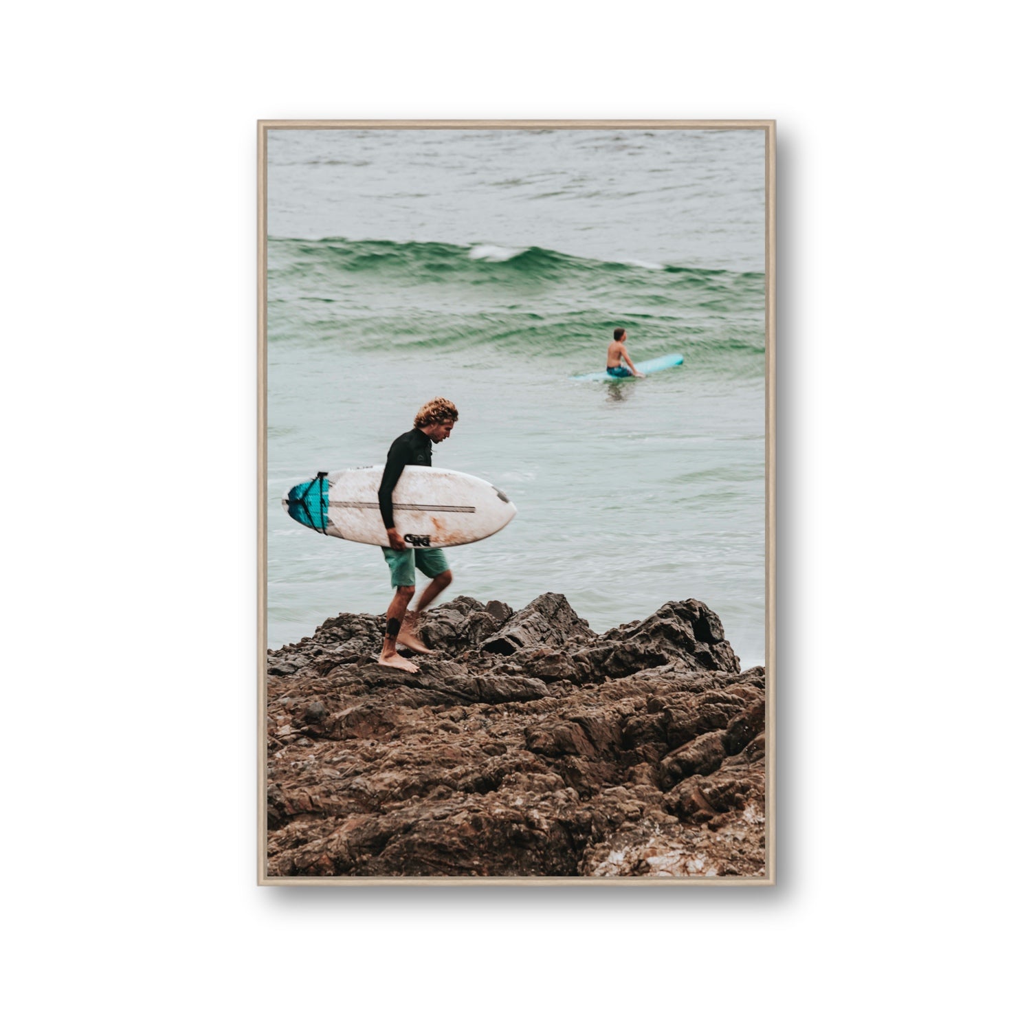 Not All Who Wander Are Lost Byron Bay Surf wall art Gallery fine art canvas in natural oak float frame