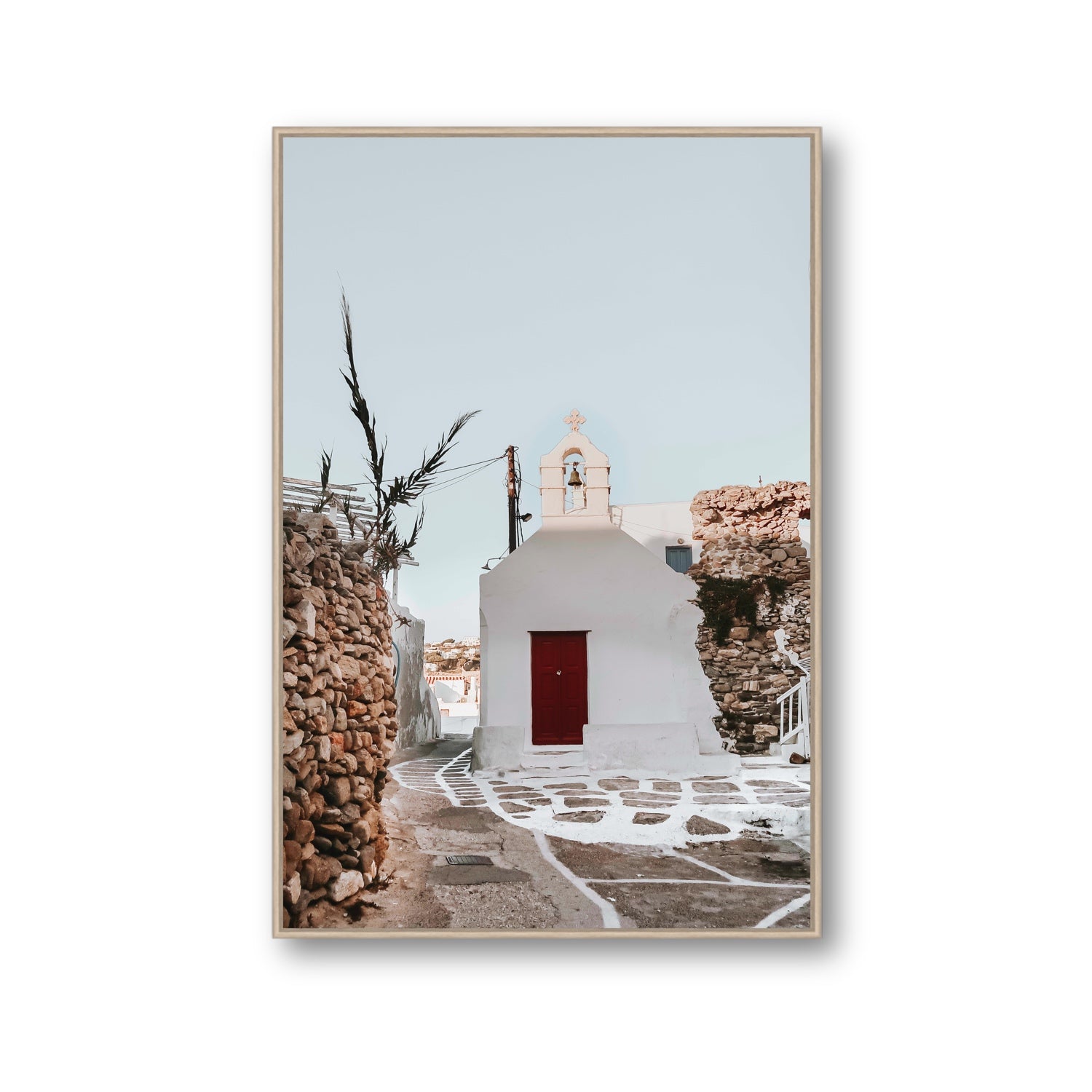 Little Chapel Mykonos Greek island wall art Gallery fine art canvas in natural oak float frame