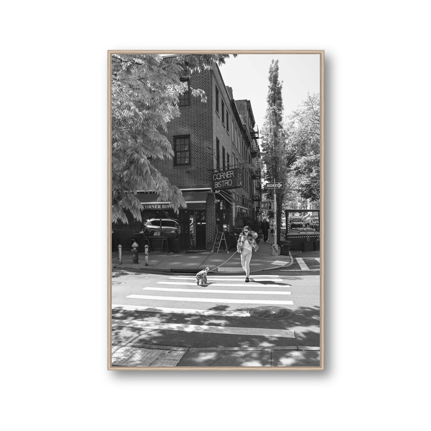 Sunlit Stroll New York NYC Black & White wall art Gallery fine art canvas in natural oak float frame