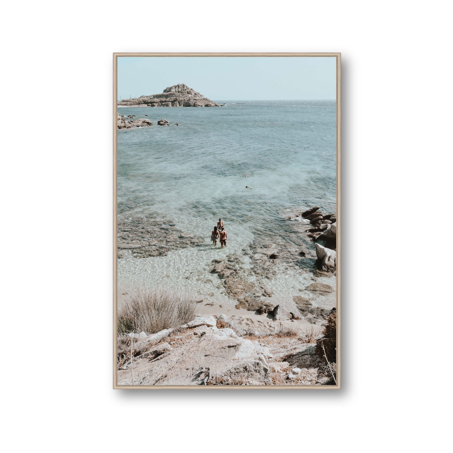 Island Life Mykonos coastal Greek island wall art Gallery fine art canvas in natural oak float frame