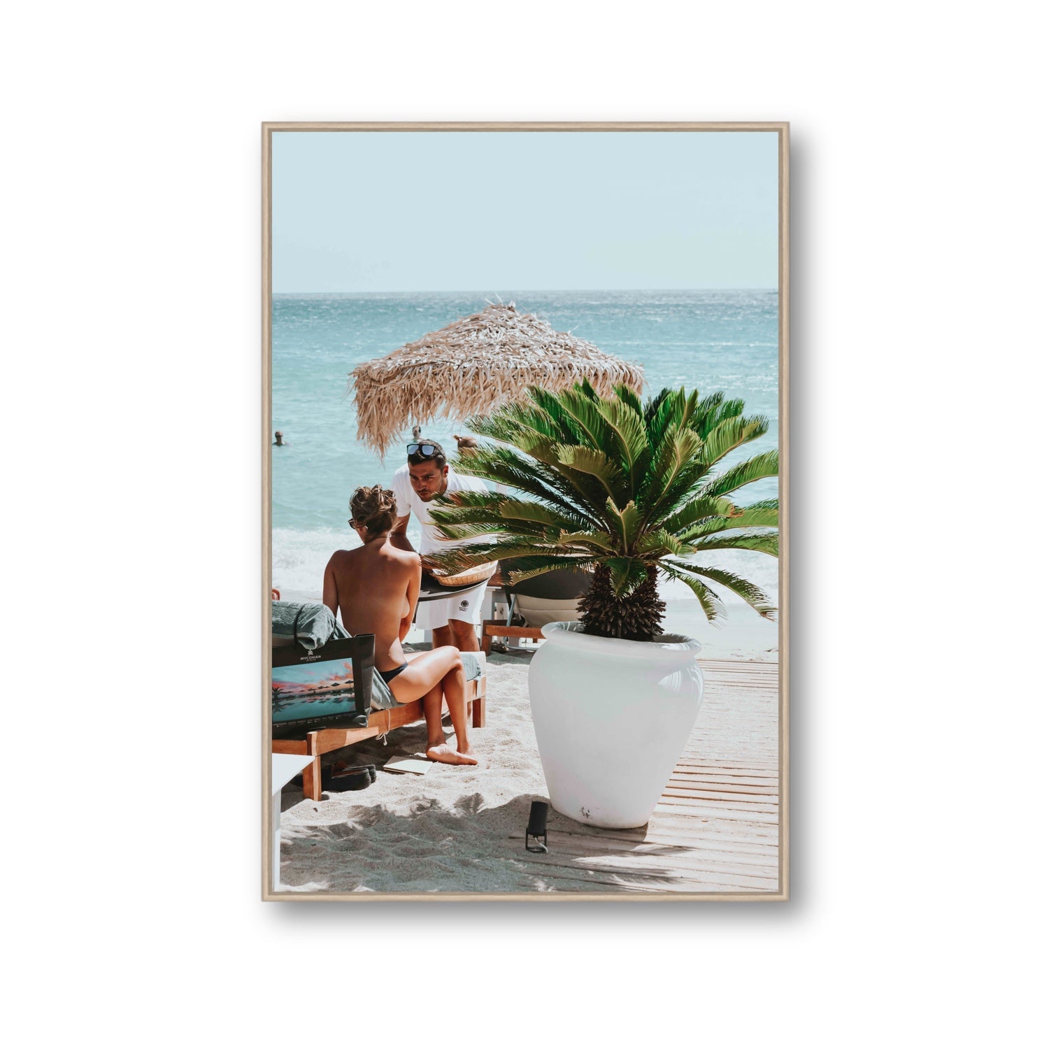 At Your Service Mykonos Greek island wall art Gallery fine art canvas in natural oak float frame