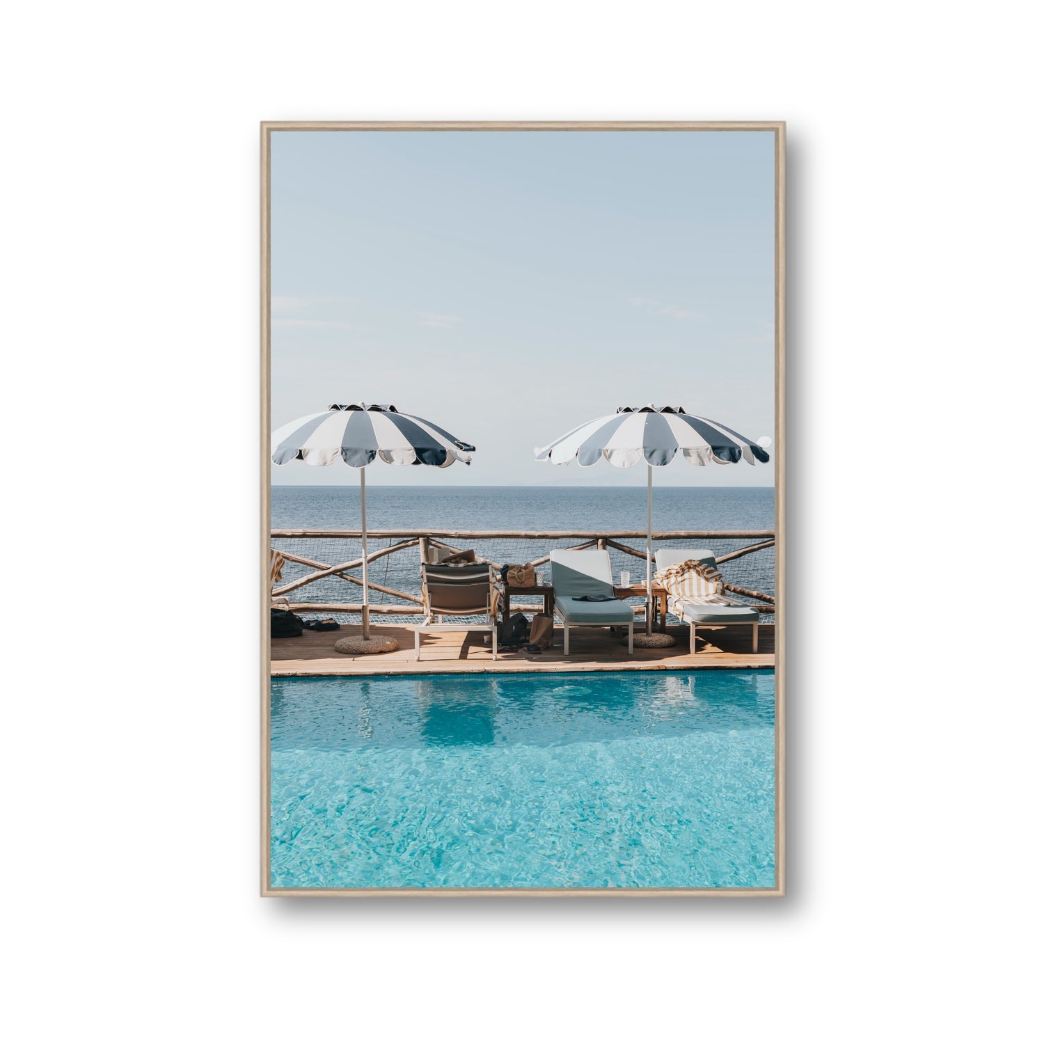 Beach Retreat fine art print, Ischia, Italy, european beach clubs artwork, Gallery, Natural Oak Float Frame, Fine Art Canvas