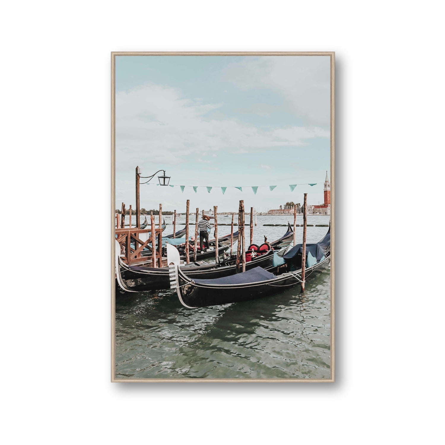 The Gondolier Venice Gondola Italian wall art Gallery fine art canvas in natural oak float frame