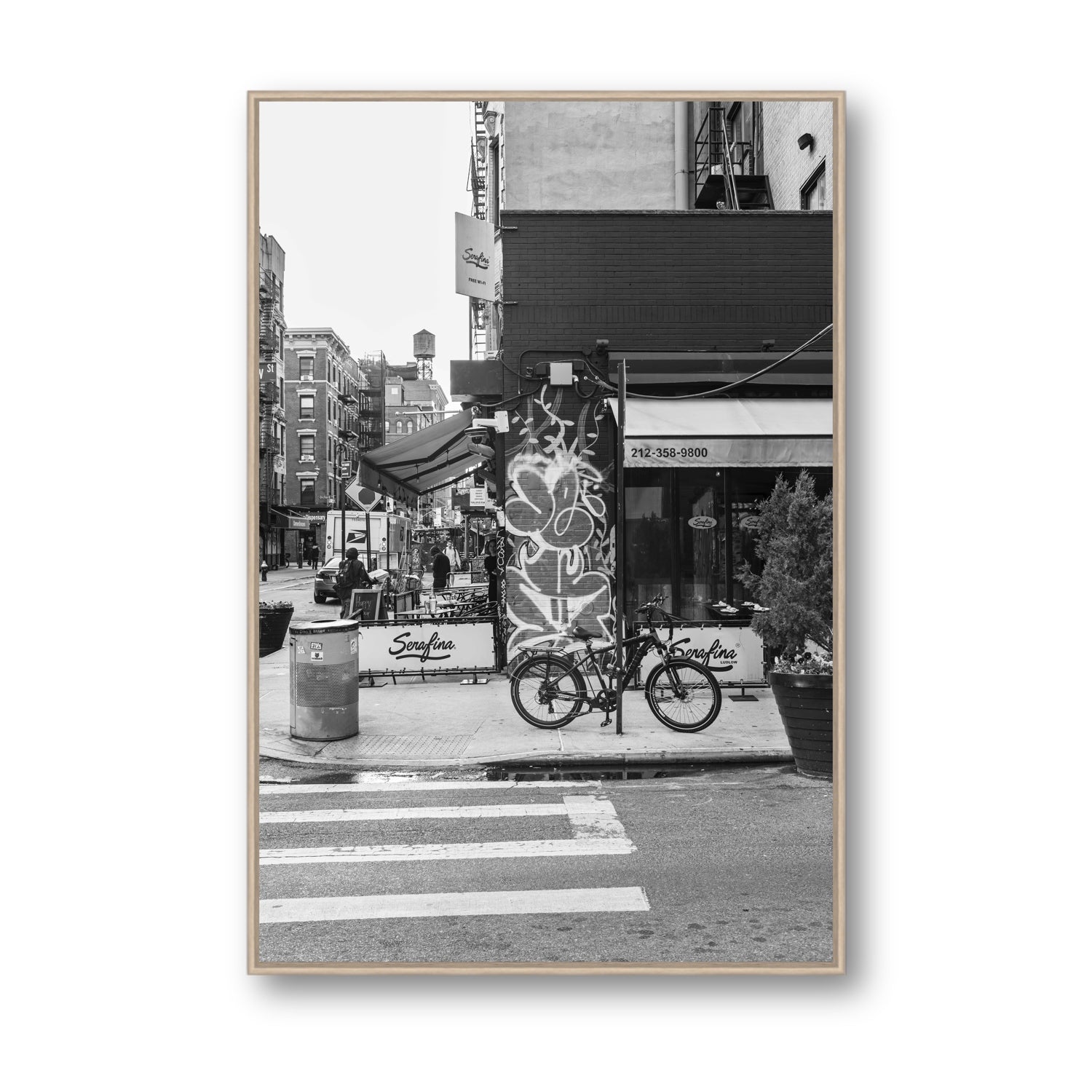 Cafe Canvas New York NYC Black & White wall art Statement fine art canvas in natural oak float frame